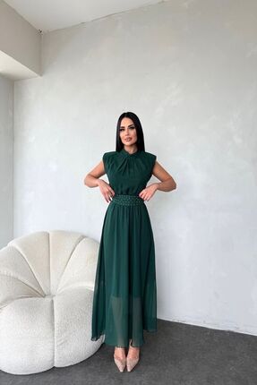 Genel Markalar Kuşağı Taş Detaylı Şifon Elbise