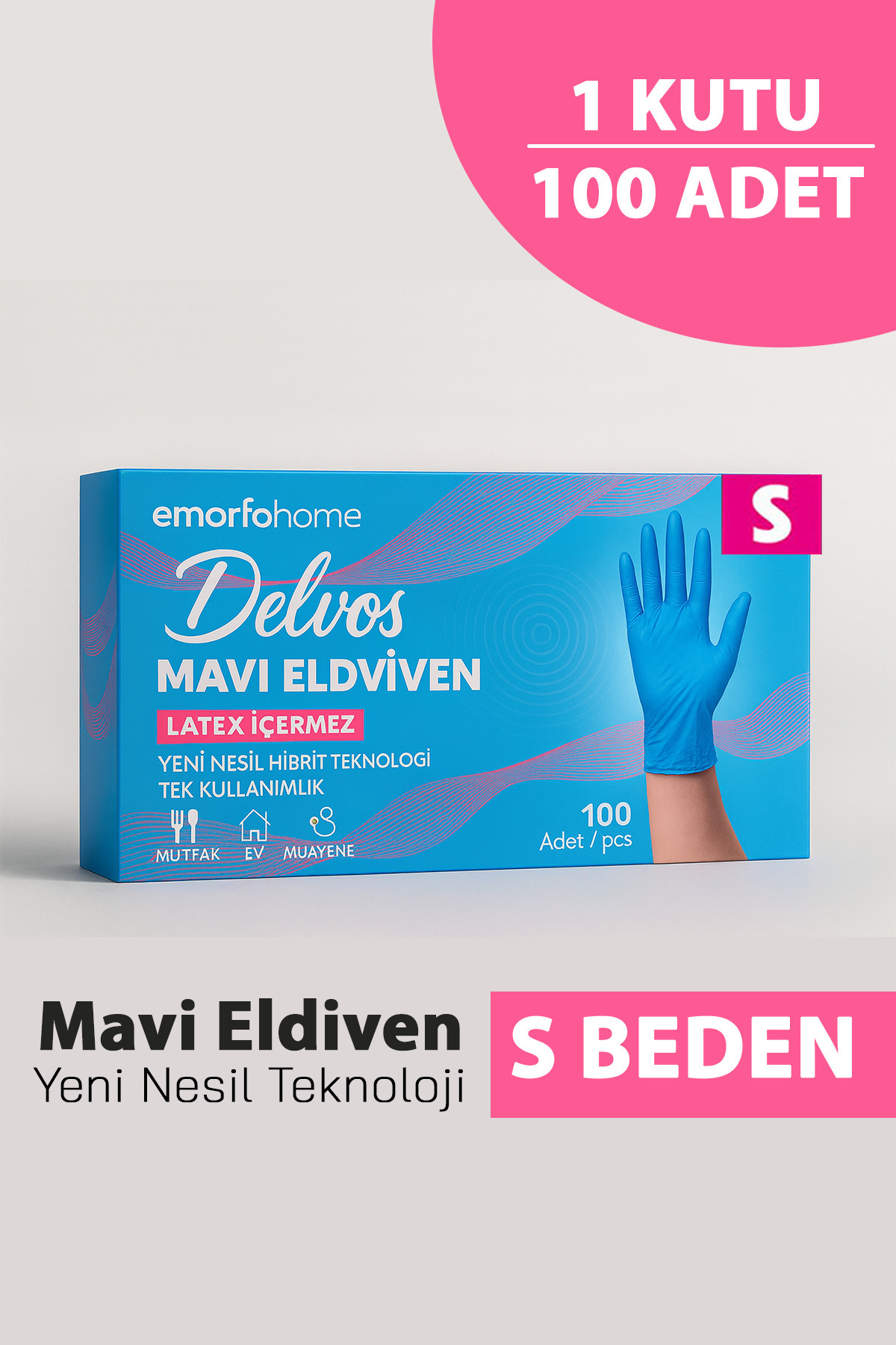 EMORFOHOME Tek Kullanımlık Delvos Pudrasız Mavi S Beden Eldiven 100’lü Medikal Muayene Eldiveni Latex İçermez