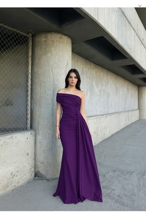 LACASE Tek Omuzlu Kuyruk Detaylı Tasarım Mor Renk Abiye Elbise 684