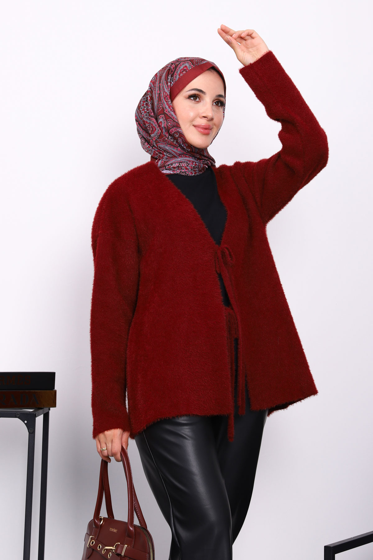İmajButik Bordo Ön Bağlamalı Angora Yumoş Hırka