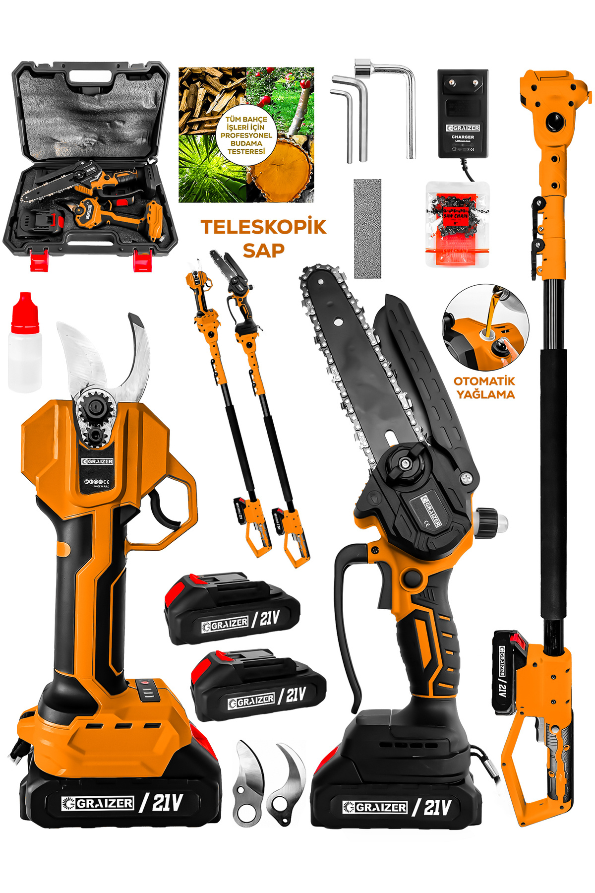 Graizer T 21 Vf Platinum 2 Akülü Kömürsüz Şarjlı Ağaç Dal Kesme Budama Makası Testere 2.5 Metre Teleskop