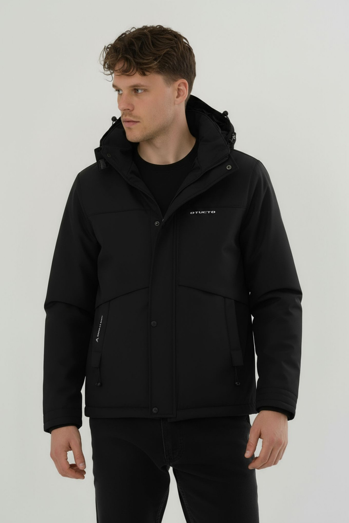 Erkek Krem Su ve Rüzgar Geçirmez Çıkartılabilir Kapüşonlu Softshell Mont & Kaban - Siyah