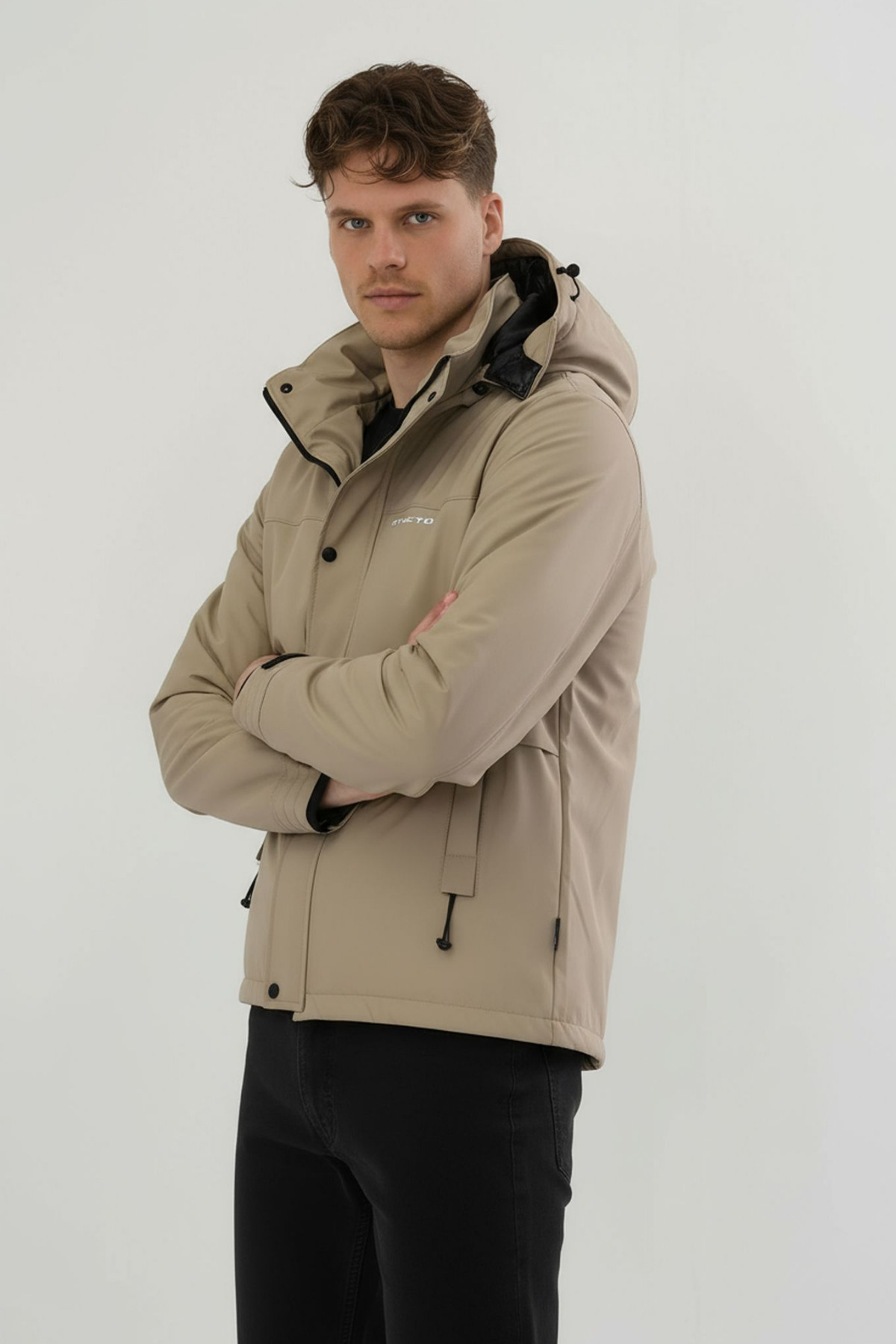 Erkek Krem Su ve Rüzgar Geçirmez Çıkartılabilir Kapüşonlu Softshell Mont & Kaban görsel 2