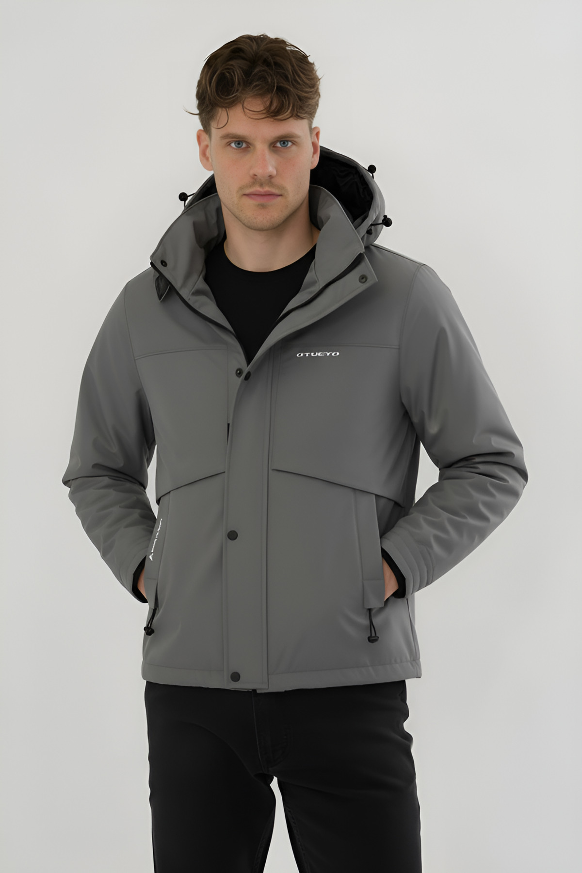 Erkek Krem Su ve Rüzgar Geçirmez Çıkartılabilir Kapüşonlu Softshell Mont & Kaban - Gri