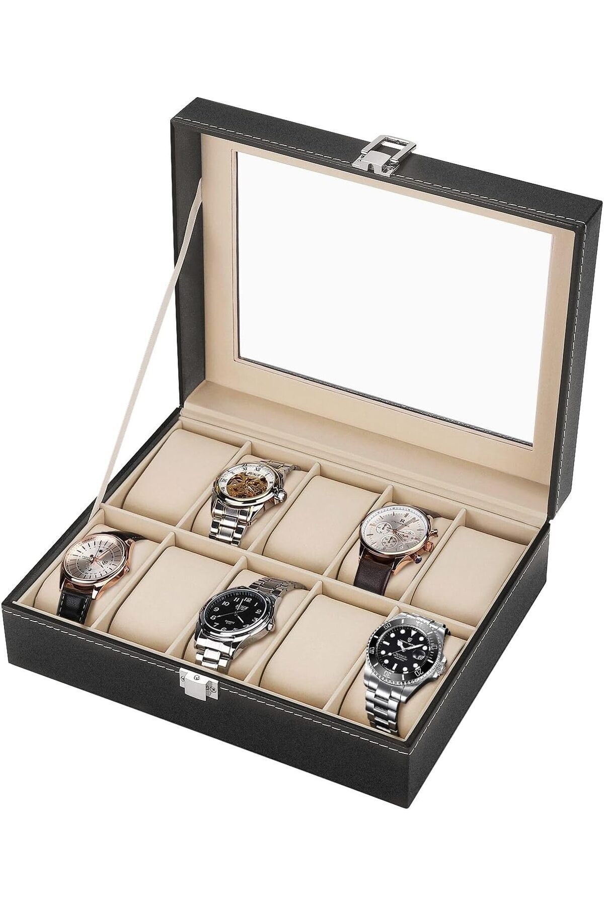 سازمان‌دهنده جعبه‌ی ساعت برای مردان و زنان - جعبه‌ی نگهداری ساعت با ۱۰ جایگاه و نمایشگر شیشه‌ای رویی و