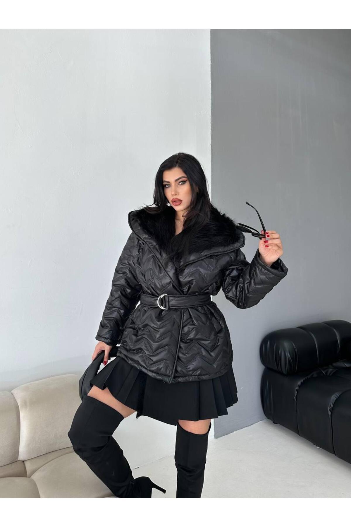 Ekim Store Kemerli Oversize İçi Kürk Şişme Mont görsel 5