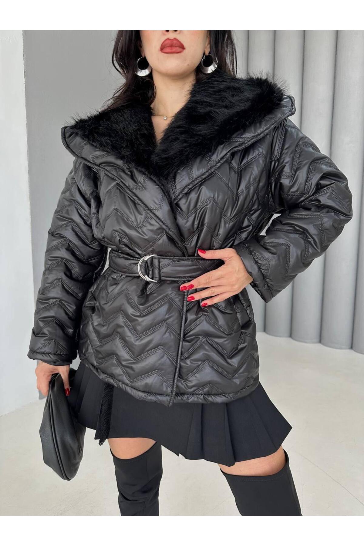 Ekim Store Kemerli Oversize İçi Kürk Şişme Mont görsel 2