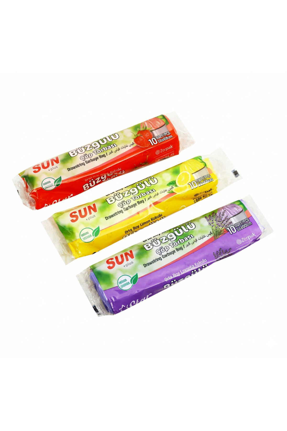 GÜNEŞPAK Büzgülü Çöp Torbası 55x60 Cm 3' Lü Paket Lavanta-Çilek-limon Kokulu Çöp Poşeti
