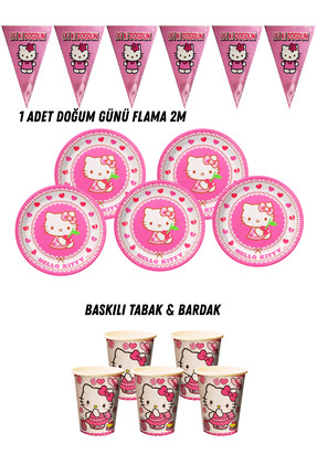 HAPPYLOOPPARTY Hello Kitty 24 Kişilik Tabak , Bardak , Flama Bayrak Doğum Gün...