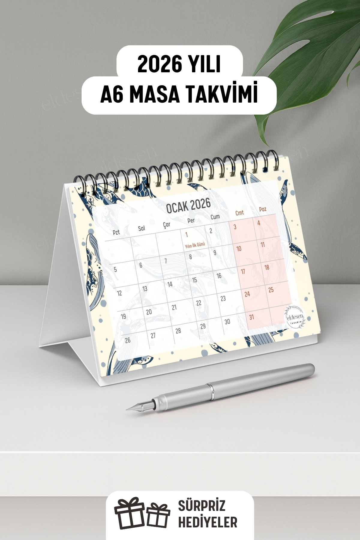 Eldesen Tasarım 2026 Masa Takvimi Spiralli A6 (15x12cm) Orta Boy / Resmi Tatiller ve Hafta Sonları / 12 Aylık