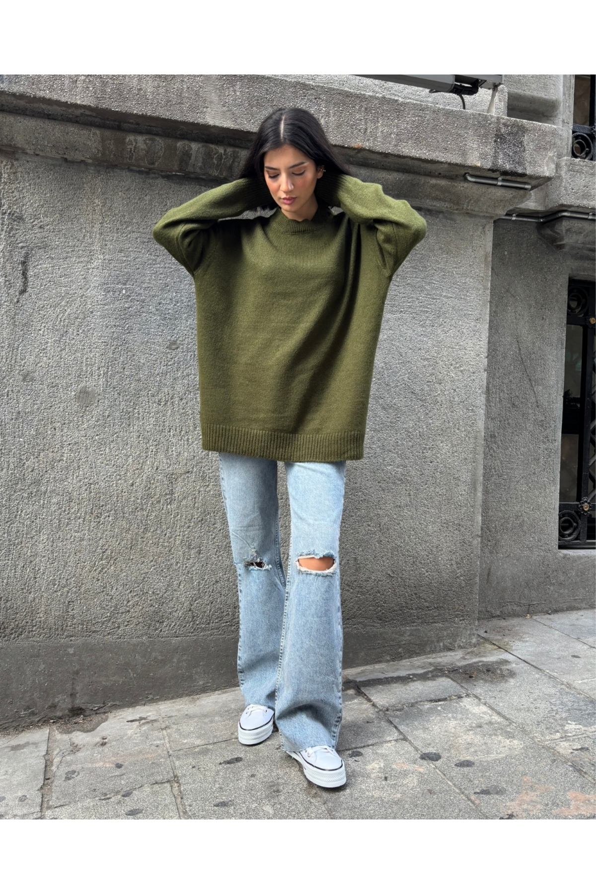 Kadın Haki Yeşili Bisiklet Yaka Oversize Salaş Triko kazak