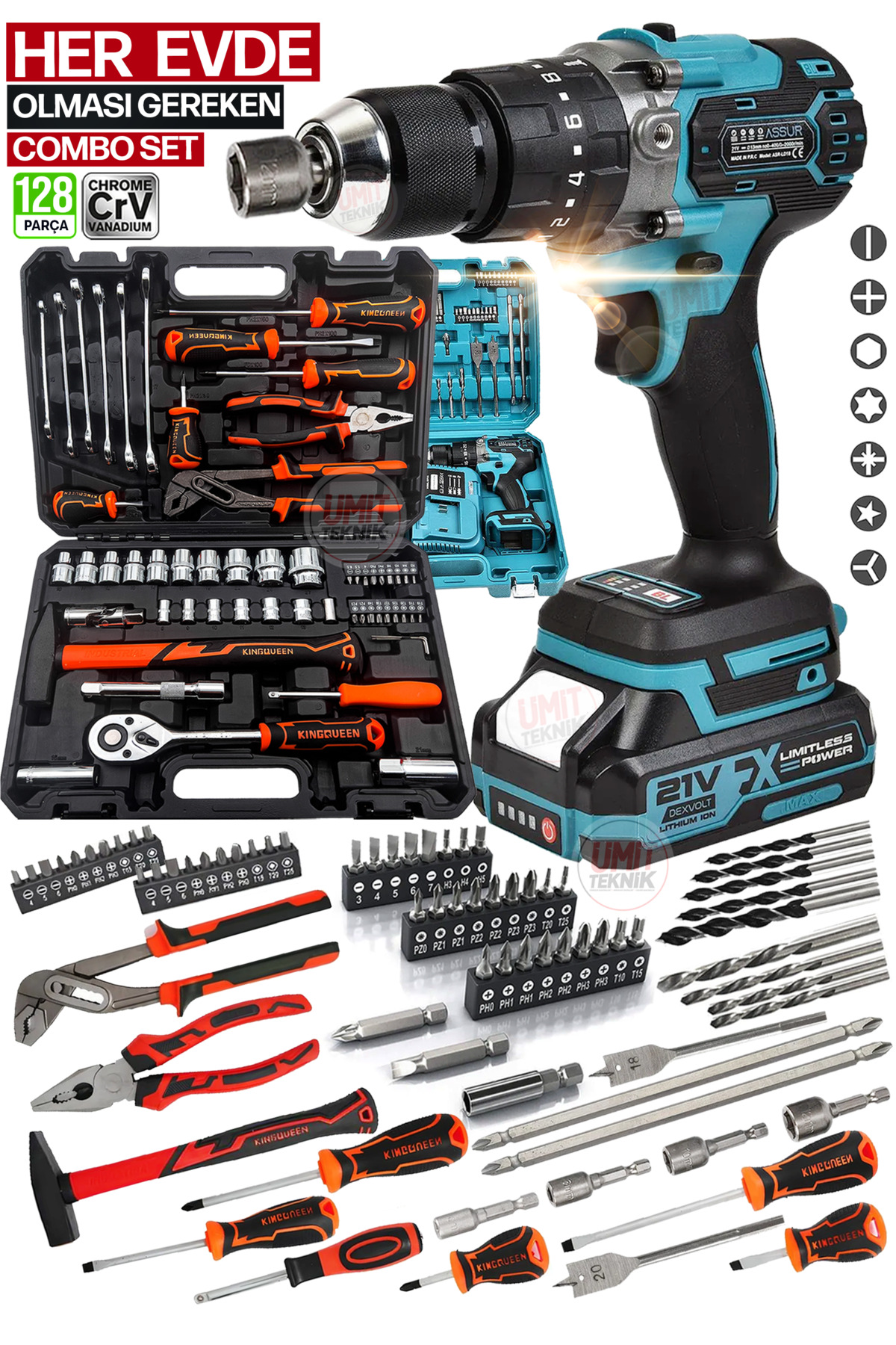 PROXTECH Pro Kömürsüz 128 Parça Takım 2 Akülü Matkap, Tornavida