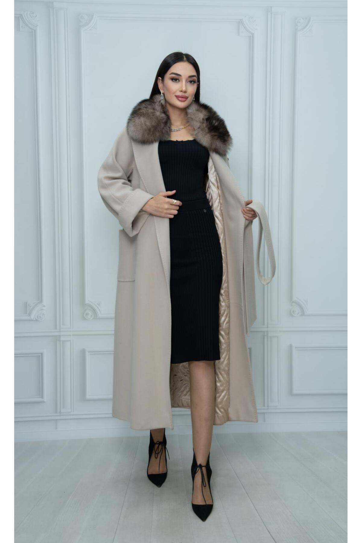 Eccim Fashion  Kruvaze Kürk Yaka Sade Kemerli Uzun Kaşmir Kadın Palto Kaban Ceket - Görsel 3