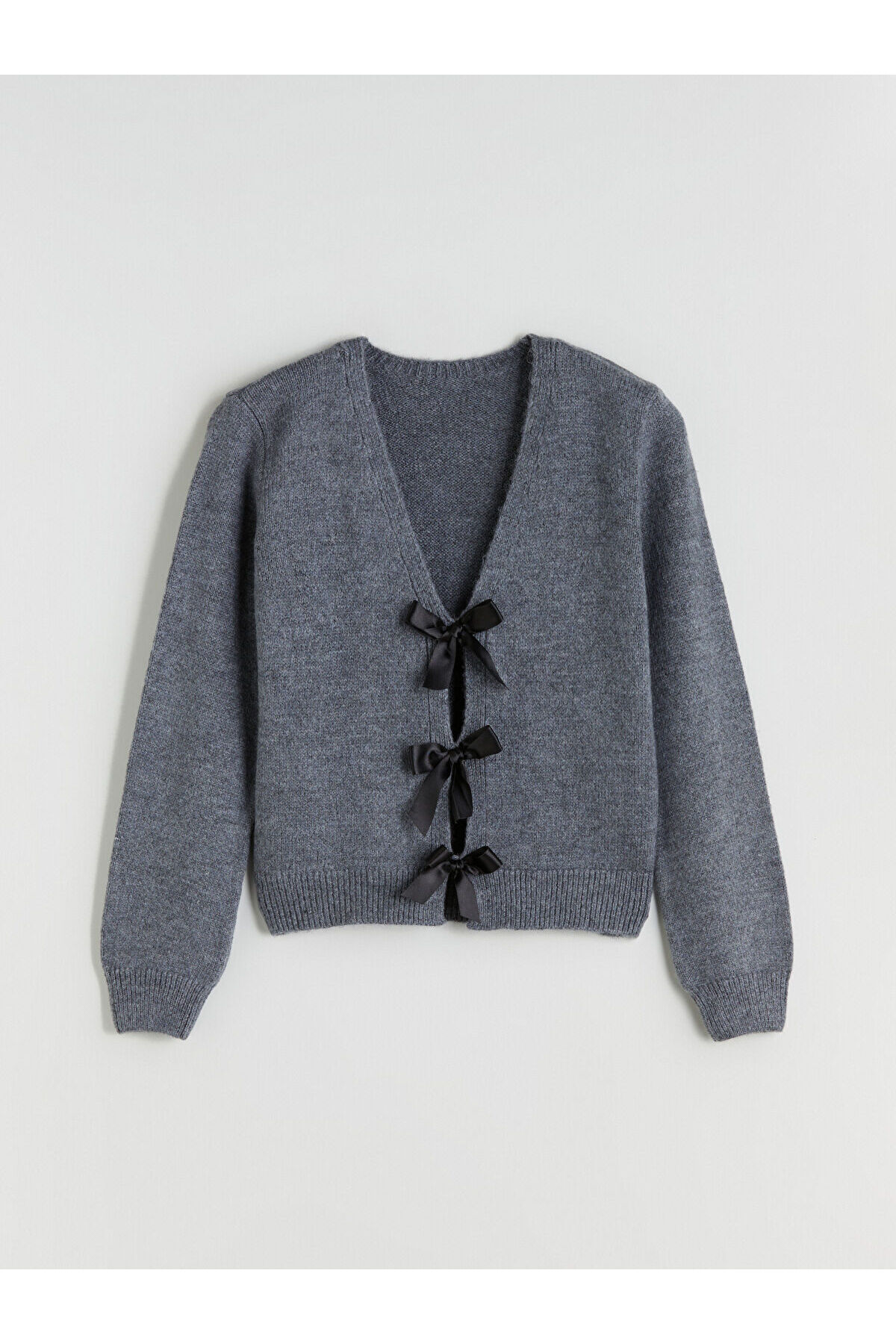 ال سی وایکیکی ژاکت بافتنی زنانه یقه کراواتی خاکستری