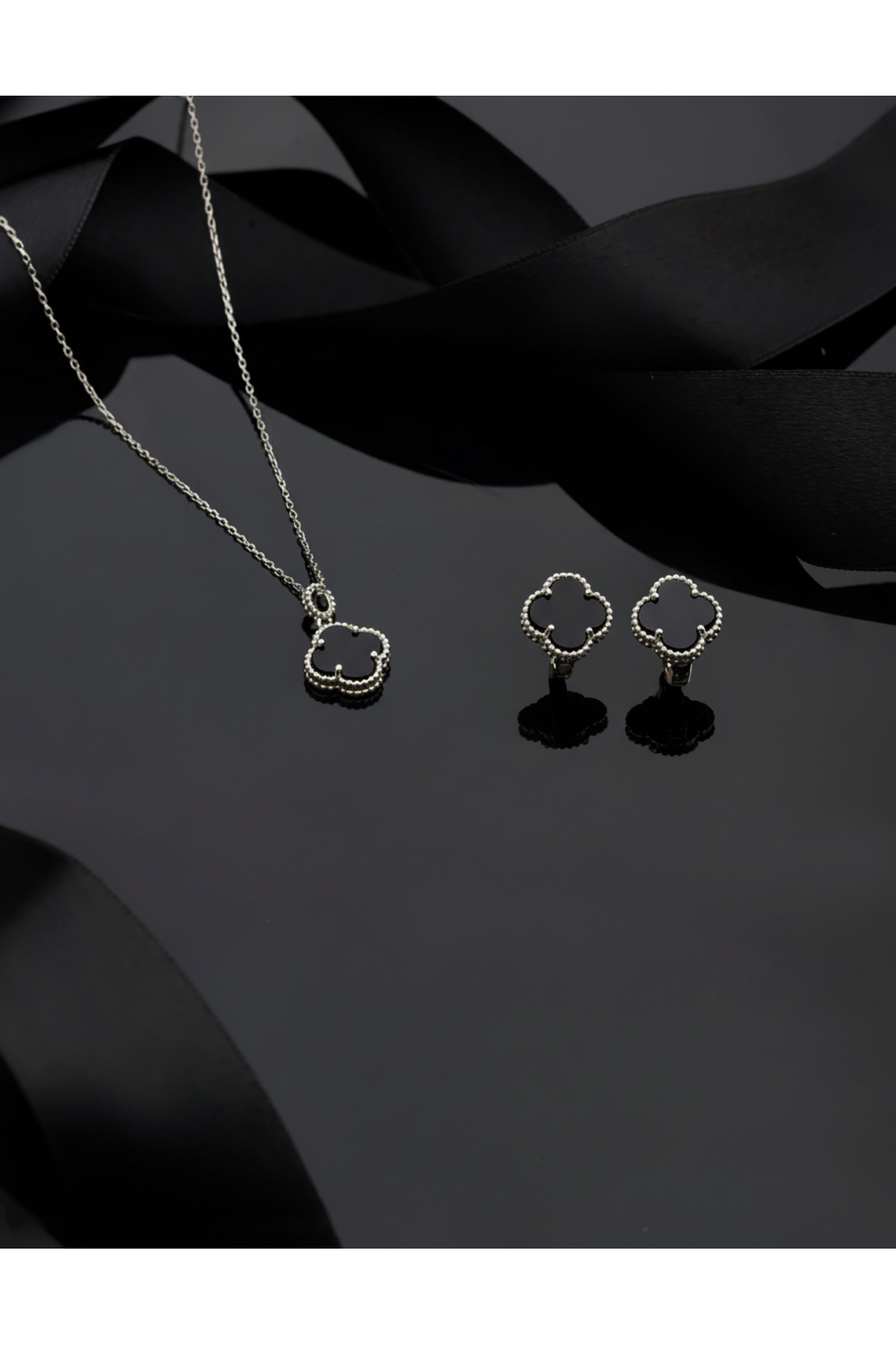 Erdobia 925 Ayar Oniks Taşlı Rodyum Yonca Kolye Küpe 2'li Gümüş Set-Takım