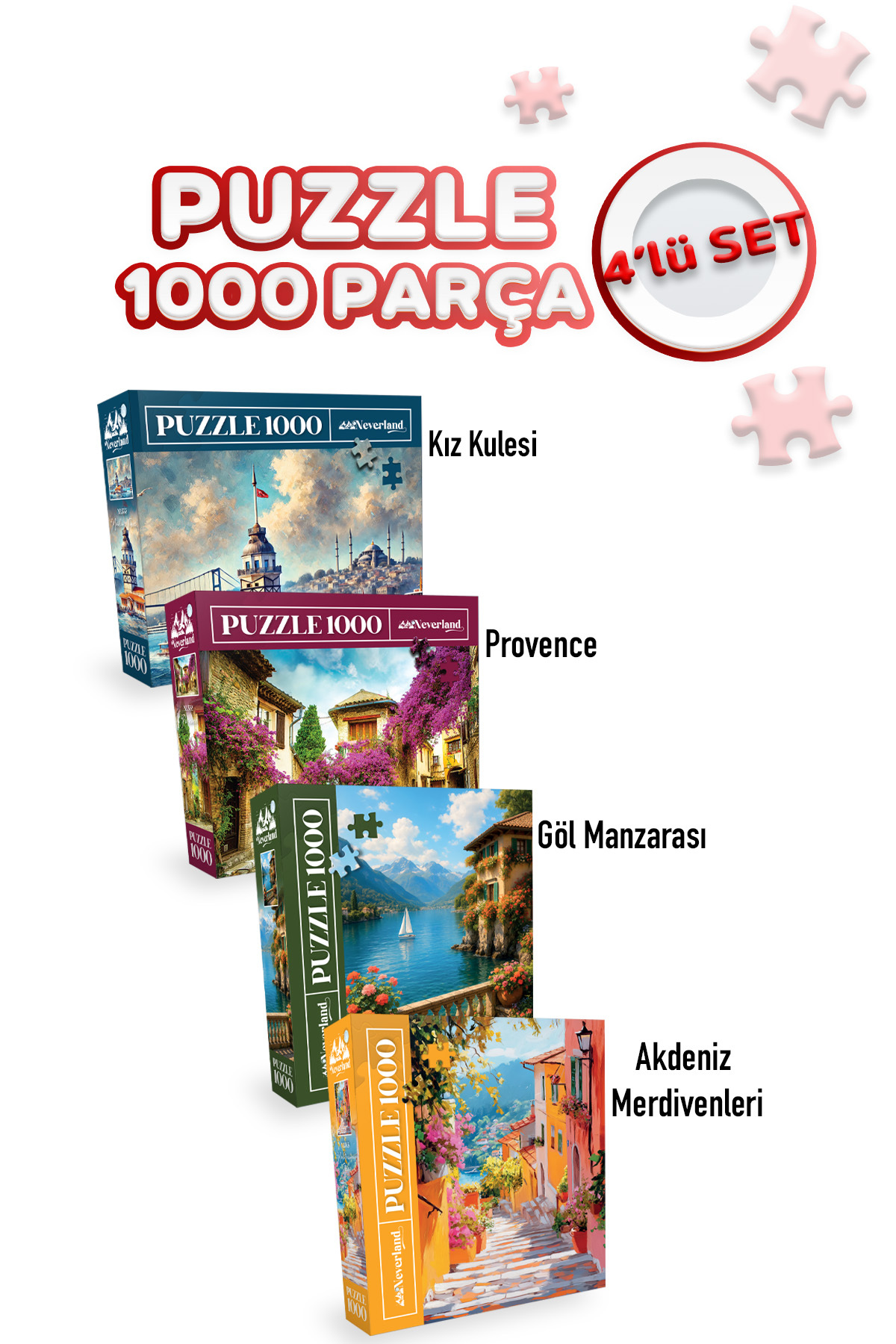 Neverland 4 ADET 1000 PARÇA PUZZLE -AKDENİZ MERDİVENLERİ VE GÖL MANZARASI VE KIZ KULESİ VE PROVENCE