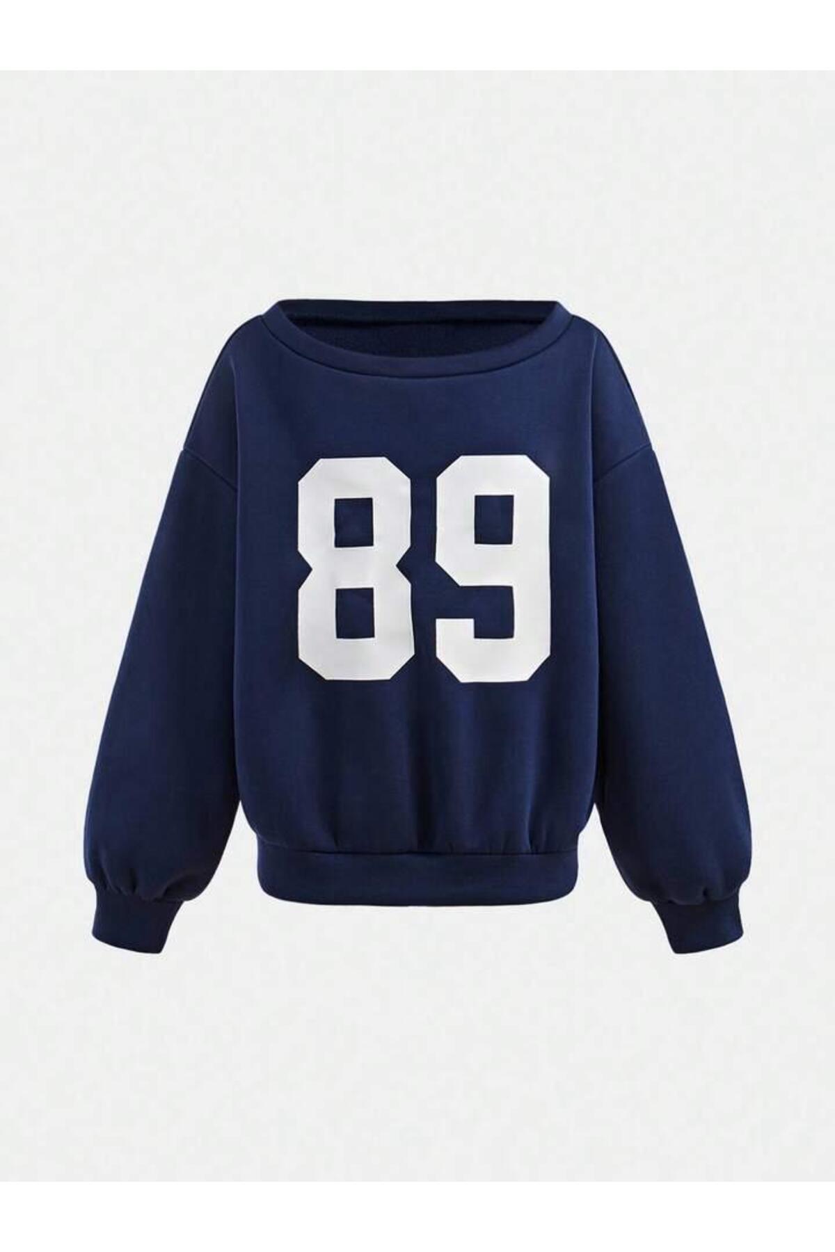 MORNİNG KİDS Kız Çocuk 89 Baskılı Lacivert Bisiklet Yaka Sweatshirt-Bol Kesim Lacivert Eşofman Takım