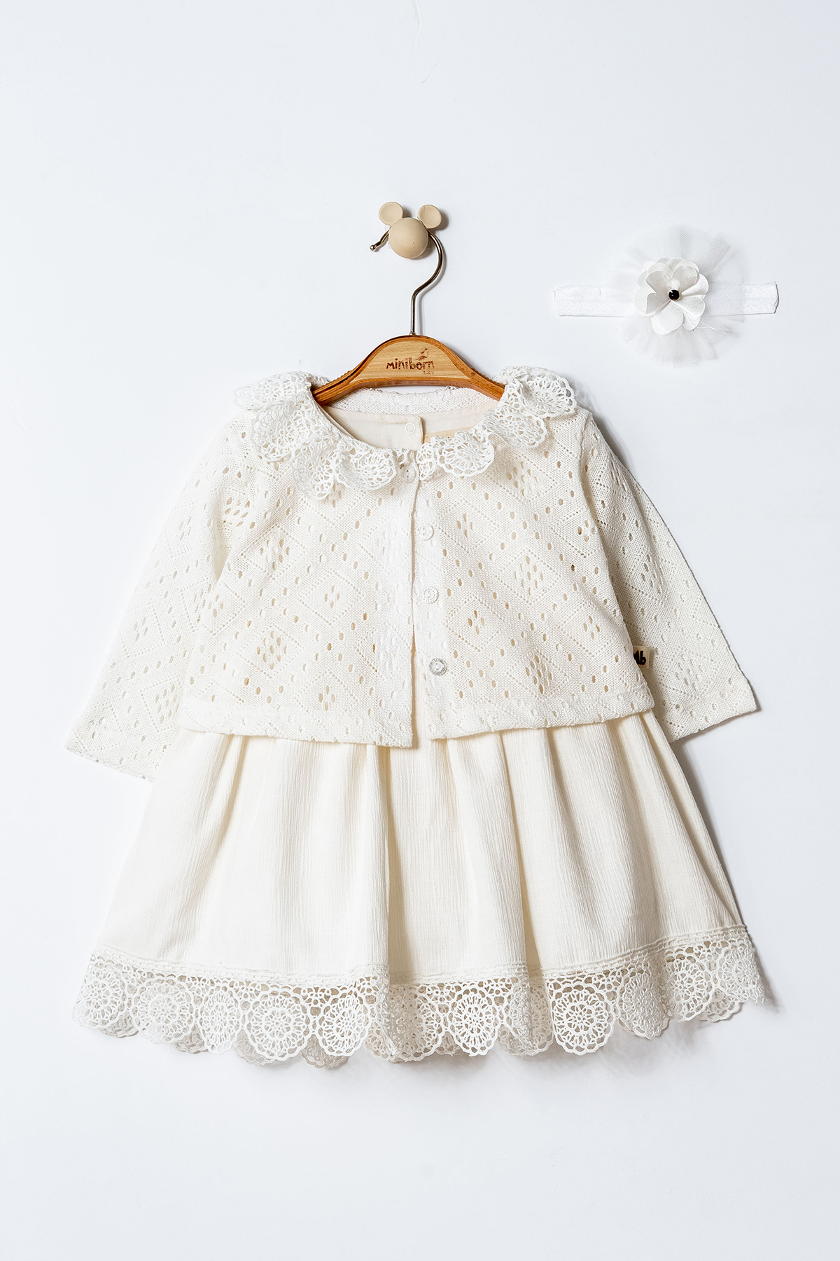 MİNİBORN KIZ UZUN KOLLU EKRU PAMUK KETEN İÇİ SIFIR KOL TRİKO HIRKALI YAKA VE ETEK TIĞ İŞİ DETAY ELBİSE SET fotoğrafı 5 (önizleme)