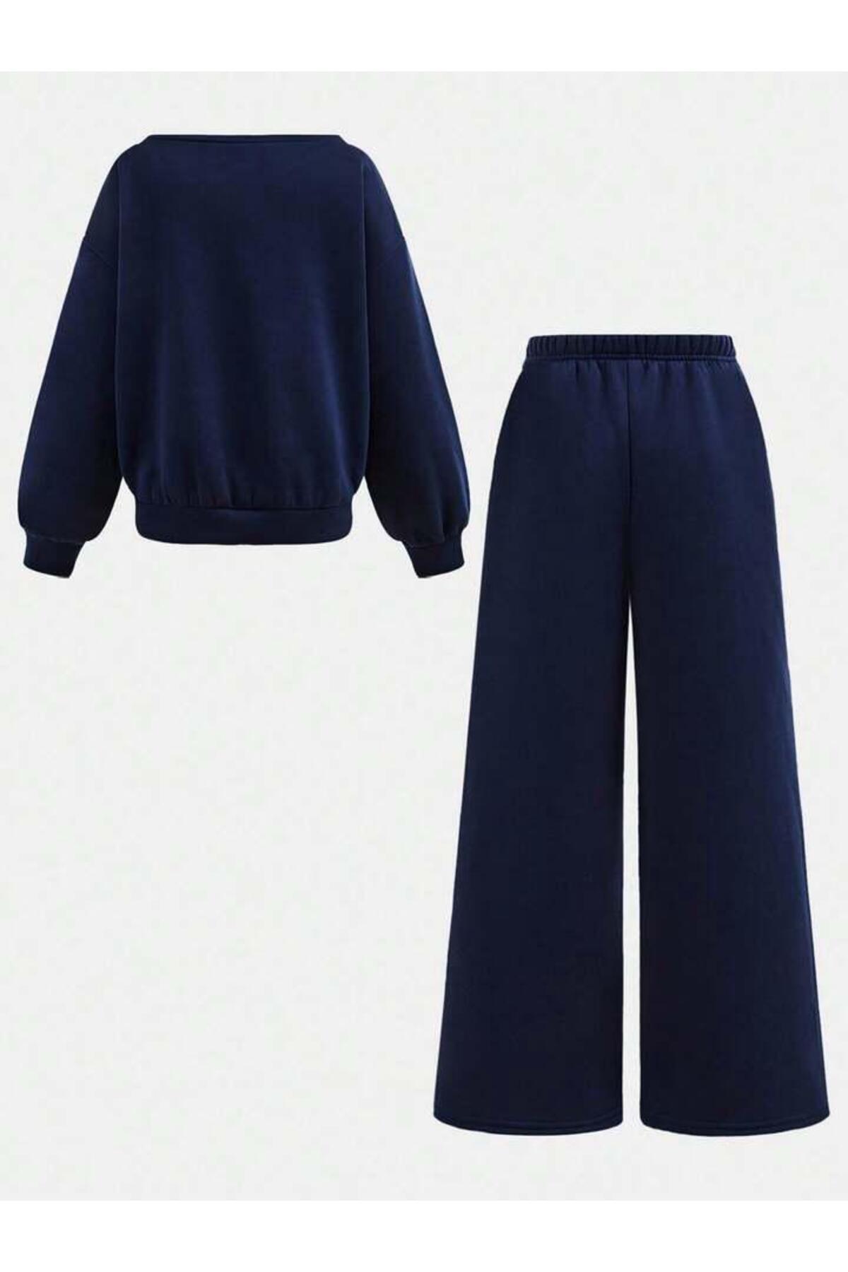 MORNİNG KİDS Girl's Minimal Bow Printed Navy Blue Crew Neck Sweatshirt-Loose Fit Navy Blue Tracksuit Set