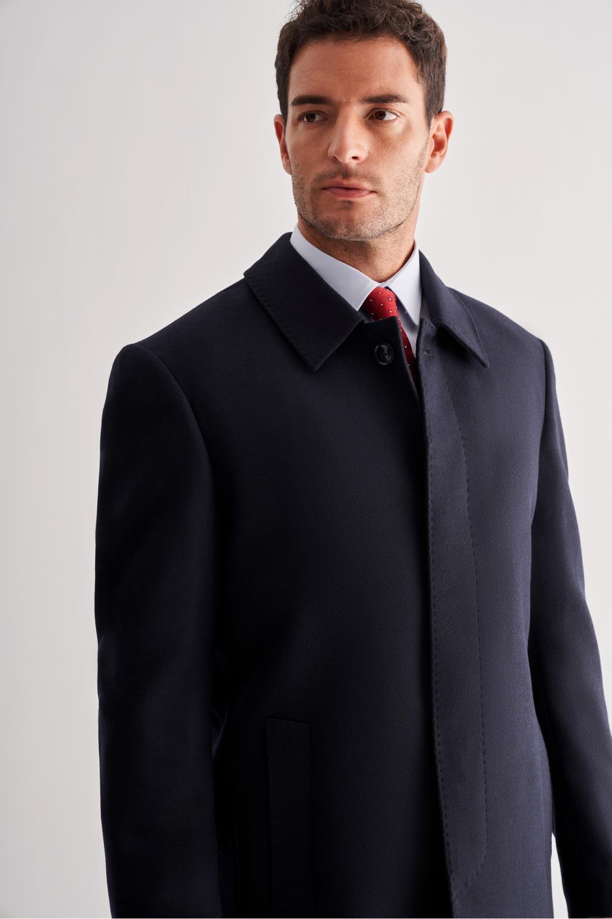 İmza  Koyu Lacivert Berberi Yaka Tam Astar Classic Comfort Fit Esnek Kaşe Palto 1005255152 - Görsel 4