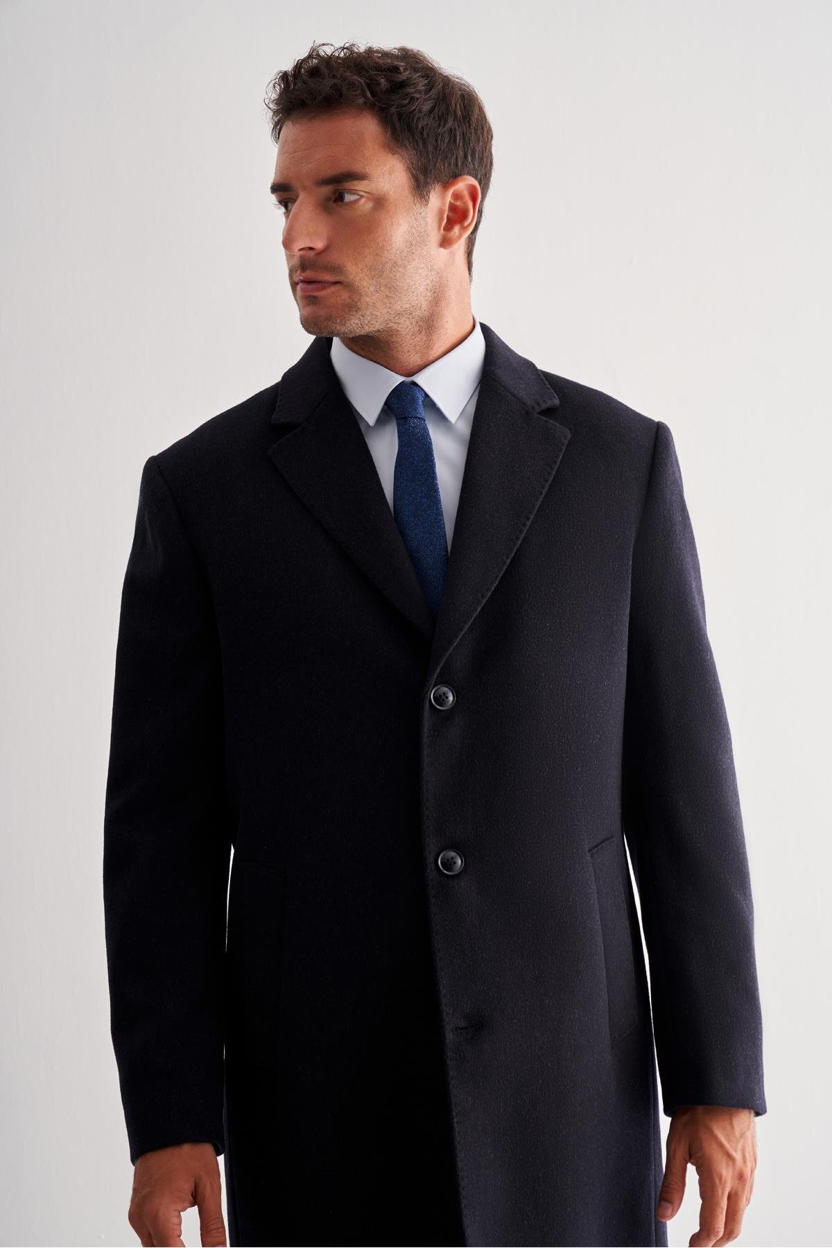 İmza  Koyu Lacivert Mono Yaka Palto Tam Astar Classic Comfort Fit Yünlü Kaşe Palto 1005255151 - Görsel 4