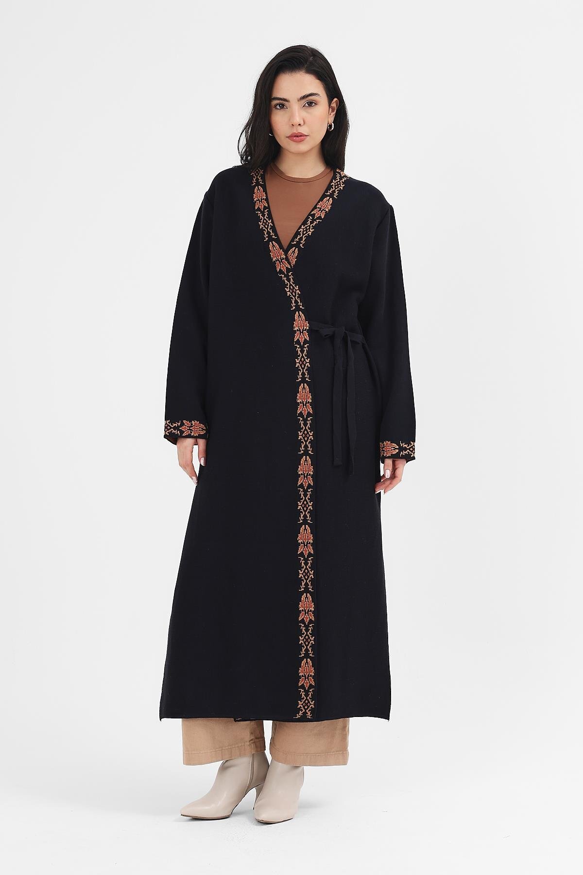 Uludağ Triko Kadın Lacivert Etnik Desenli Kimono