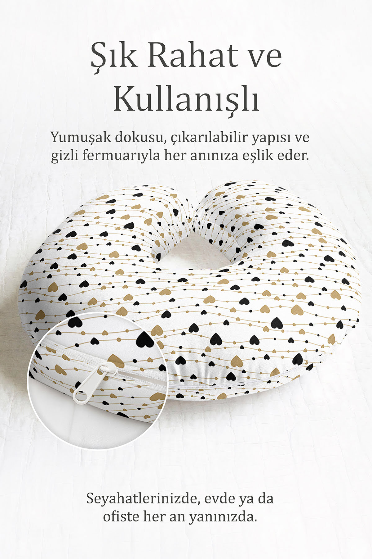 Heart Patterned Cotton Neck Pillow - Modern Gold Black White Adult Travel Pillow