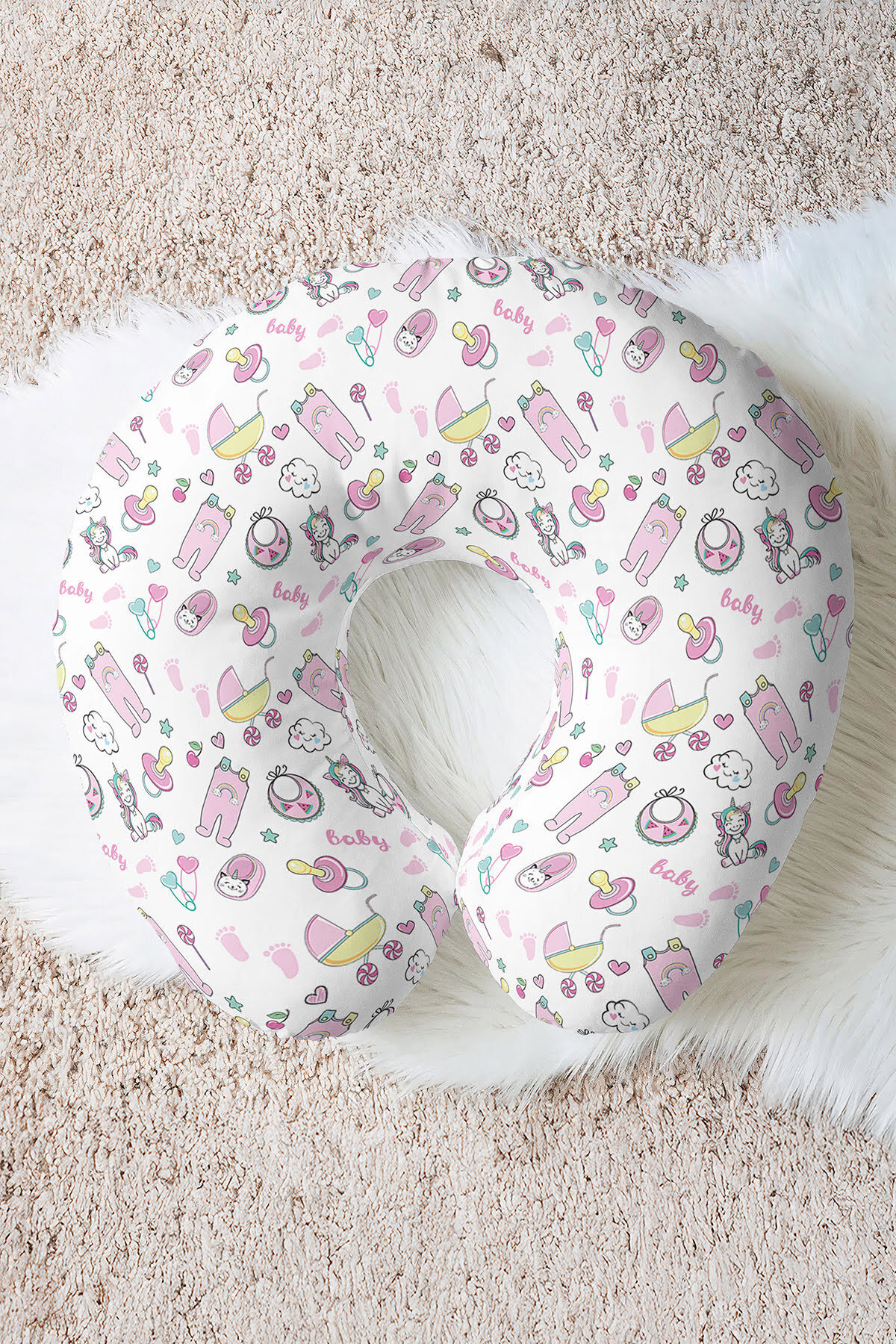 Children's Pattern Cotton Neck Pillow - Pastel Pink Yellow Soft Kids & Adult Travel Pillow