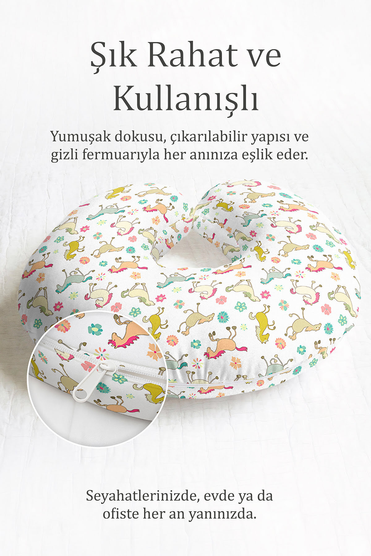 Colorful Horse Pattern Cotton Neck Pillow - Cute Floral Pastel Kids & Adult Travel Pillow