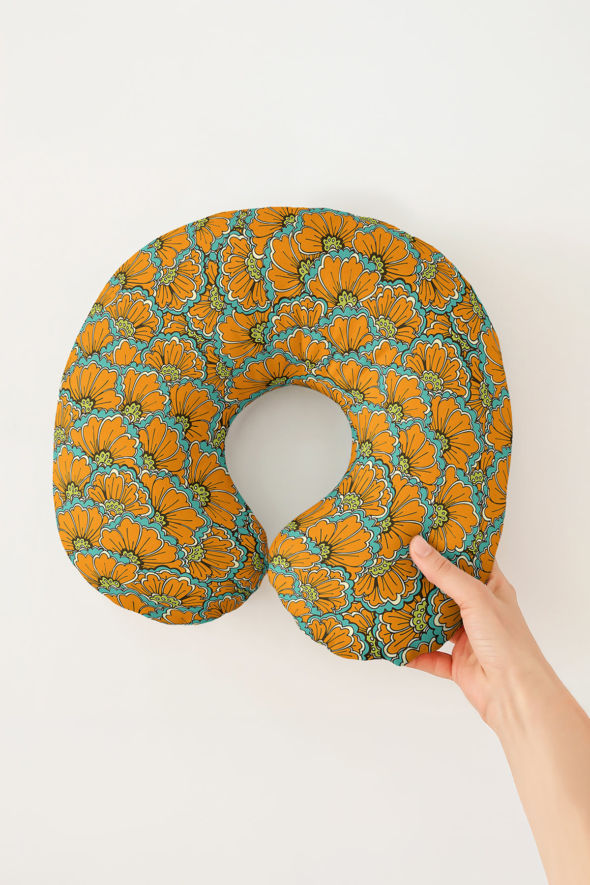 Retro Floral Pattern Ergonomic Neck Pillow - Orange Green Adult Travel Pillow