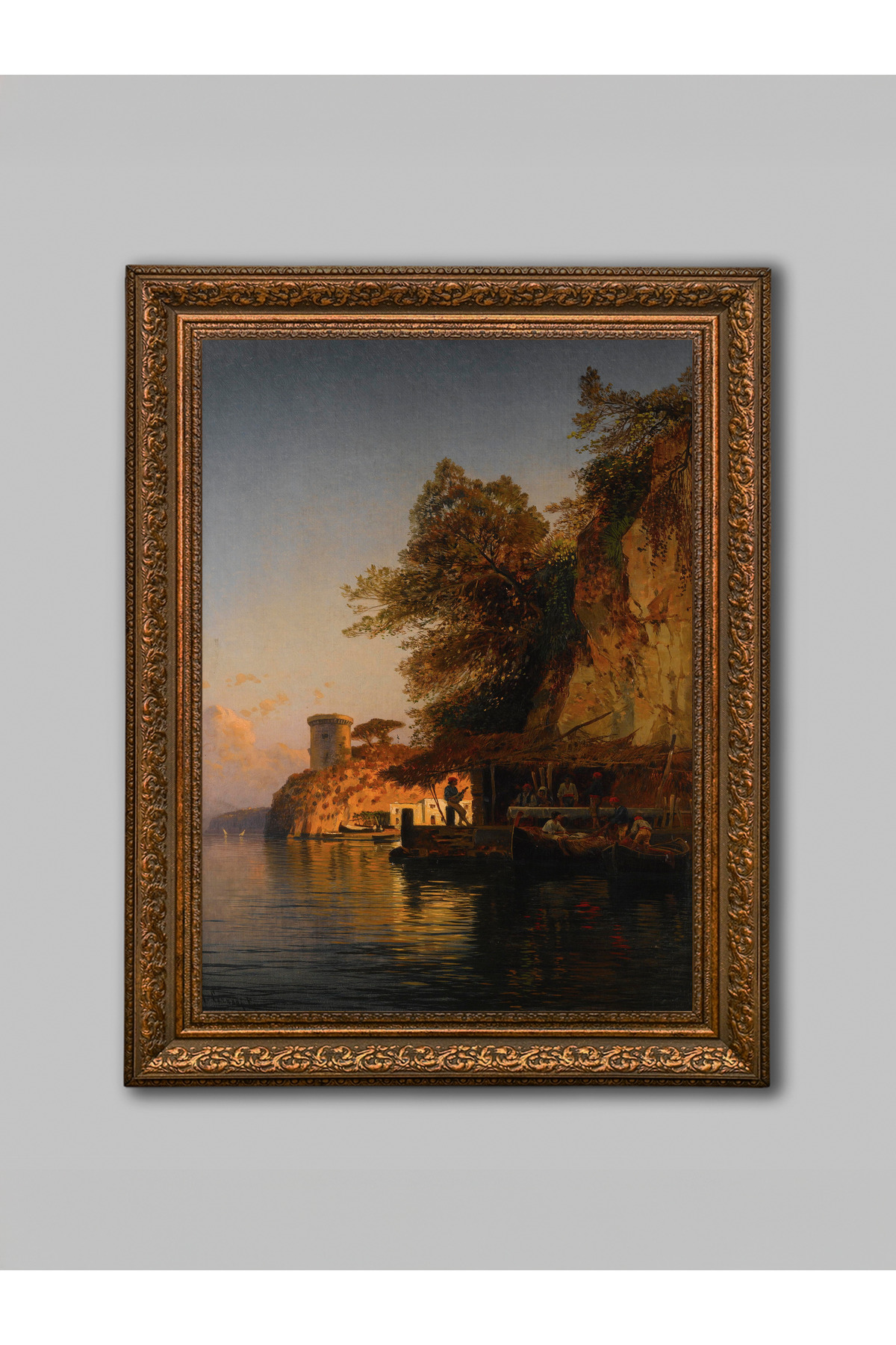 Sunset in Coastal Landscape Painting – Brown Aged Frame