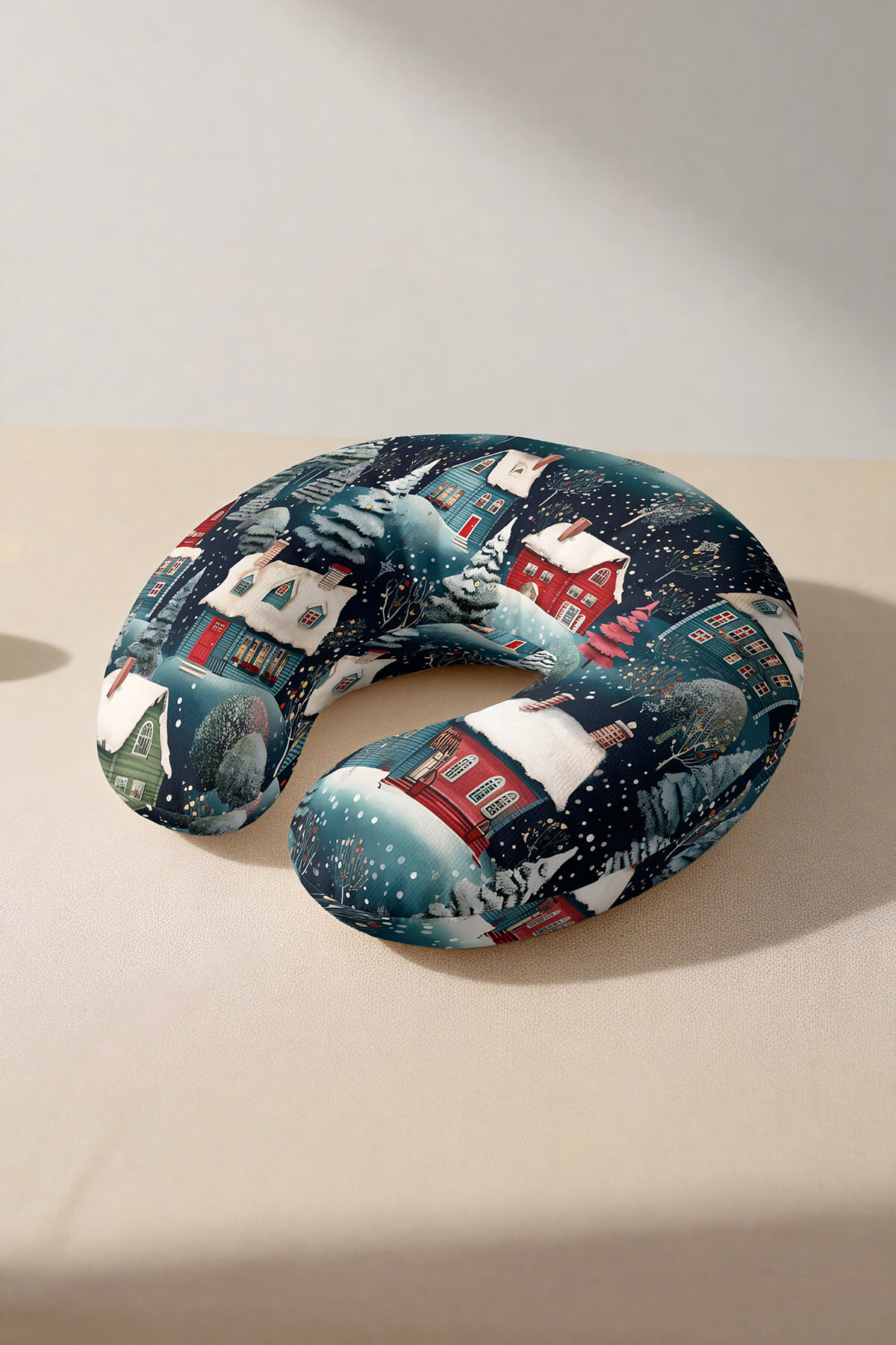 Winter Country Houses Patterned Ergonomic Neck Pillow - Snow Themed Navy Blue Red Soft Travel Pillow