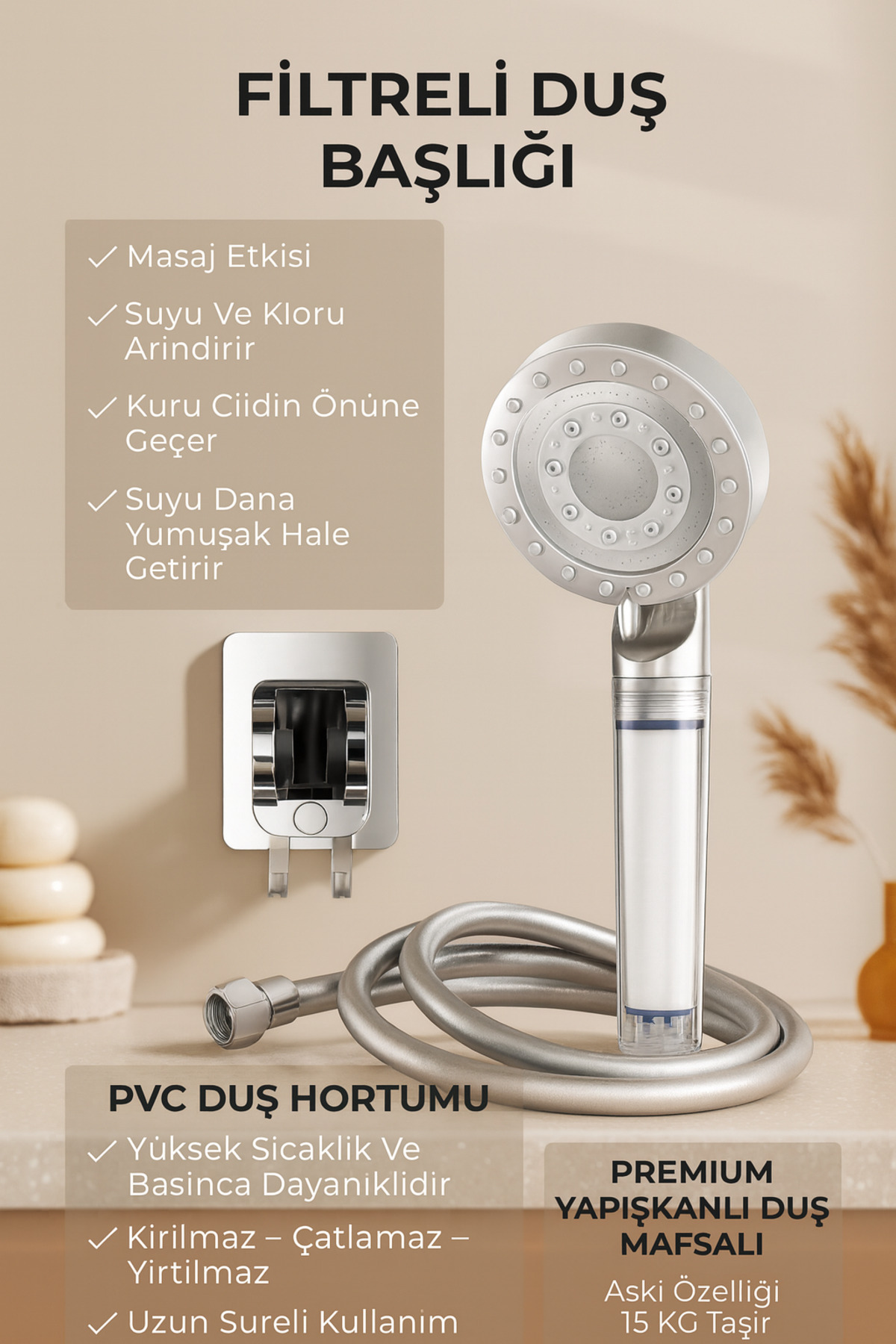 SUVİA Filtreli Duş Başlığı Masaj Etkili + PVC Hortum + Yapışkanlı Askı | Klor Arındırıcı, Suyu Yumuşatır