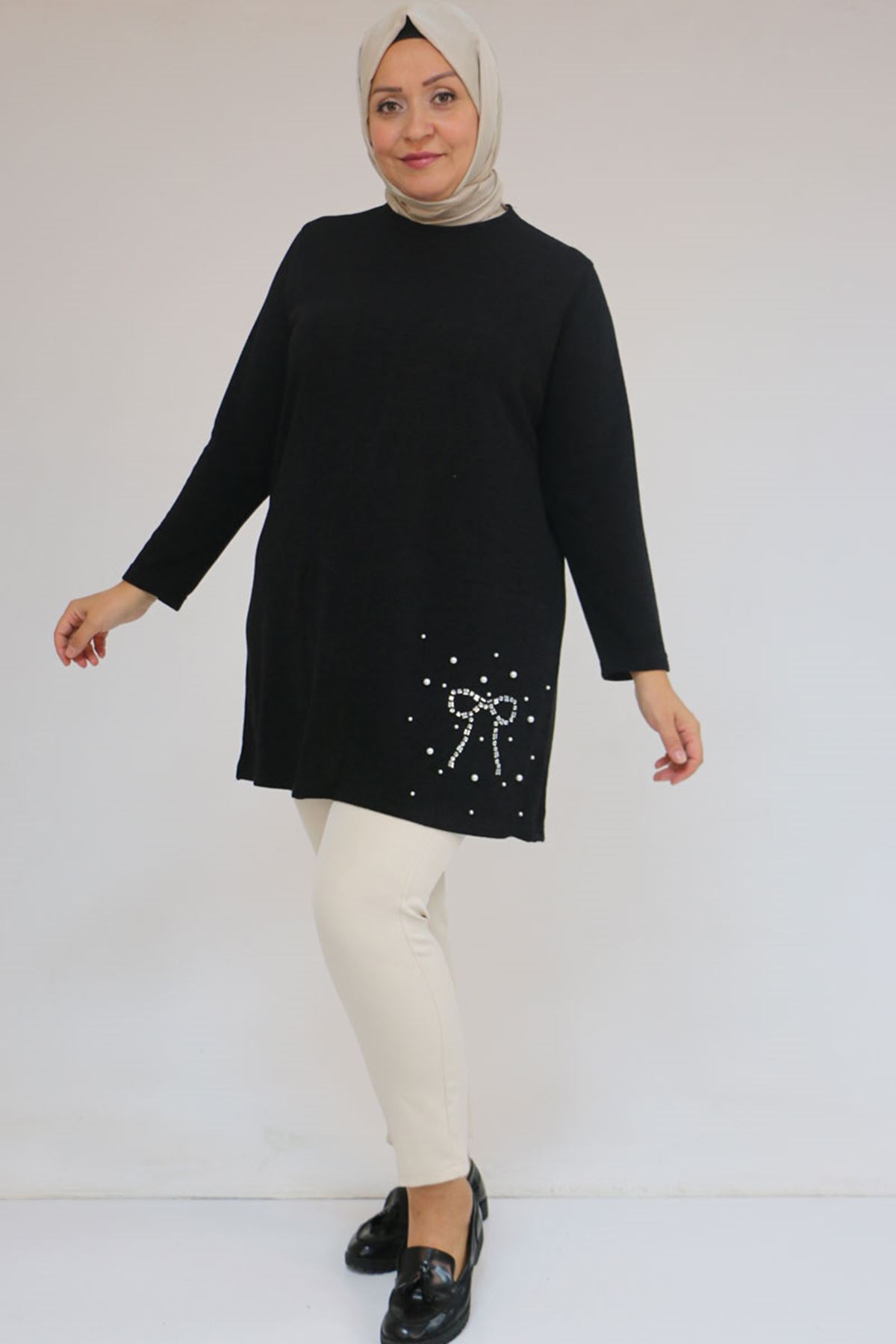 Eslina 58111 Büyük Beden Önü Taş Detaylı Mir Tunik - Siyah