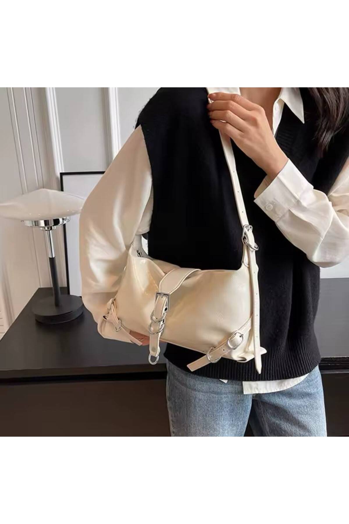 Krem Vintage Moda Kadın Omuz Ve Kol Çantası Ayarlanabilir Kemerli görünüm 3
