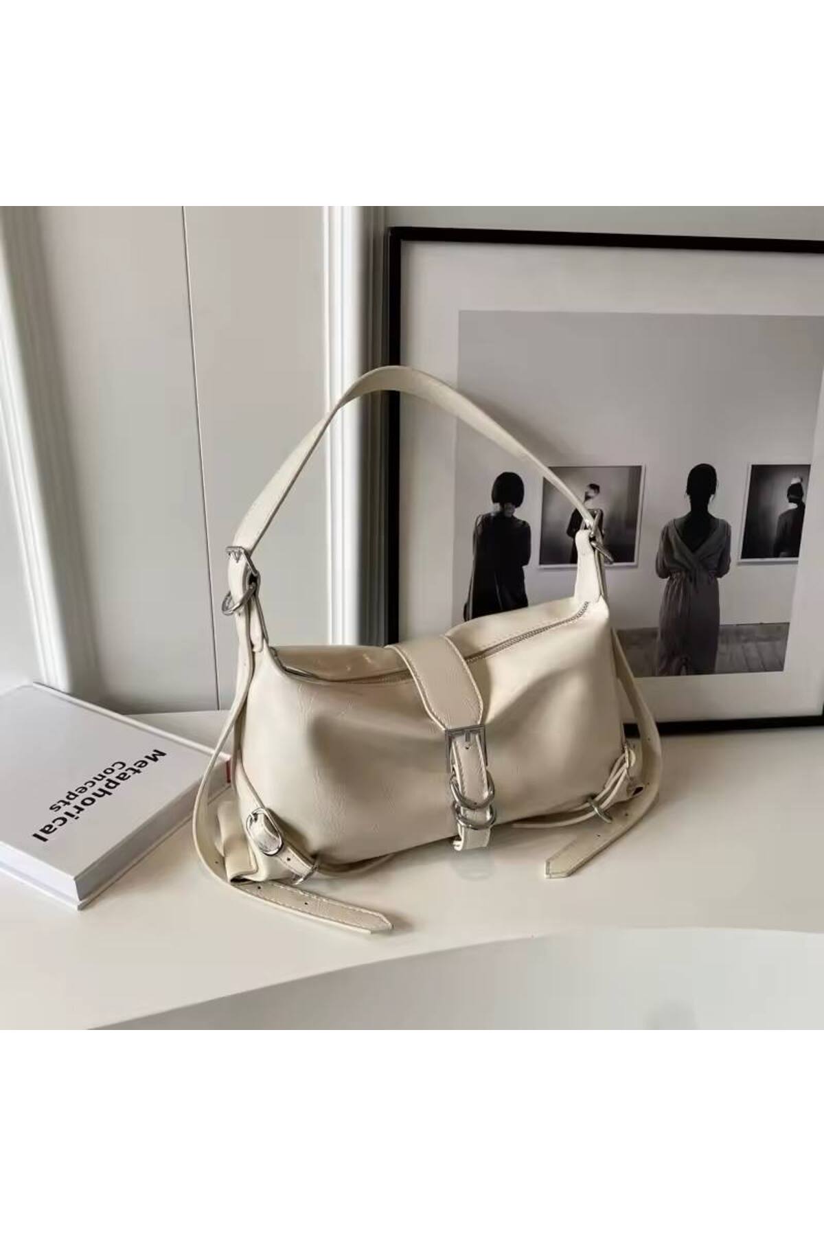 Krem Vintage Moda Kadın Omuz Ve Kol Çantası Ayarlanabilir Kemerli
