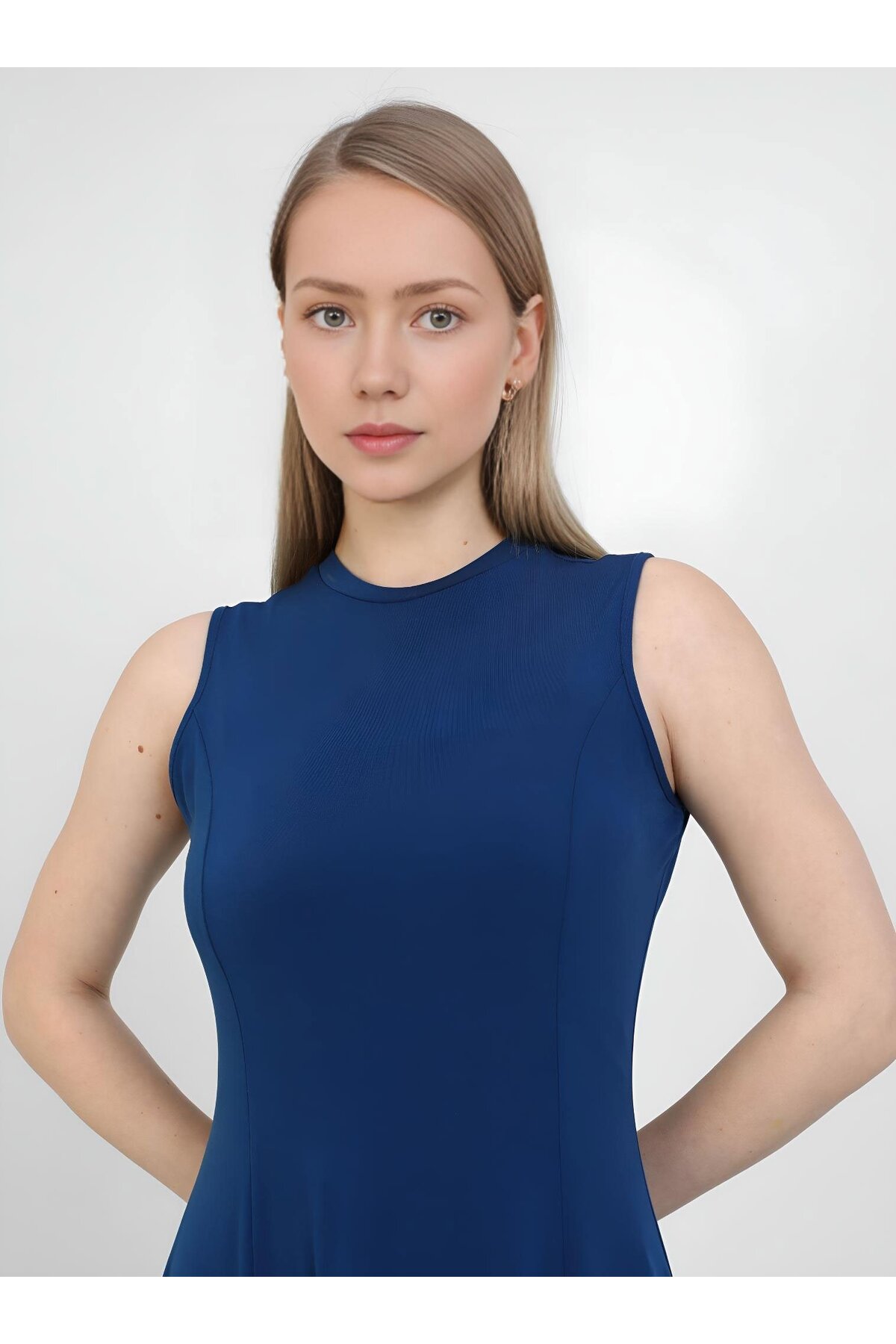 Refka  Sandy Kumaş Kuplu Kolsuz Tesettür Elbise - Lacivert - - Görsel 2