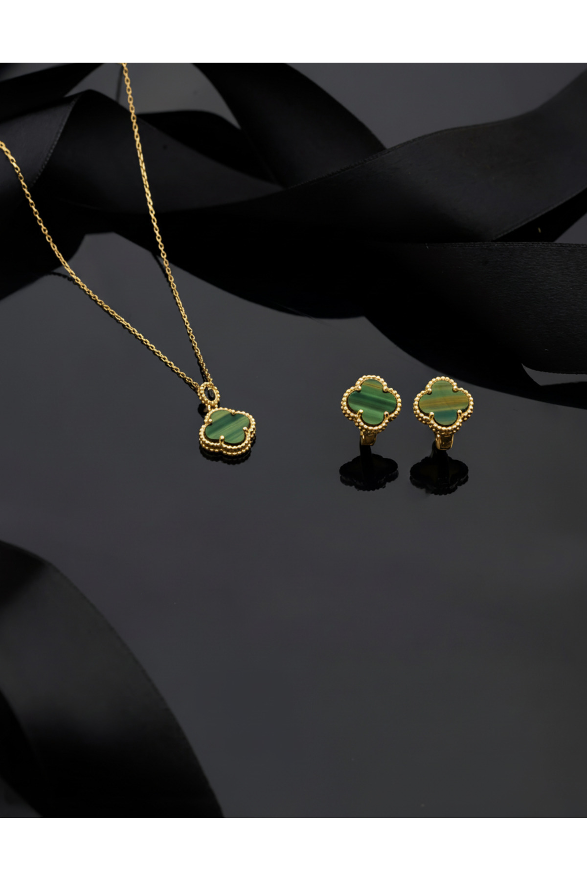 Erdobia 925 Ayar Yeşil Kaplangözü Taşlı Gold Yonca Kolye Küpe 2'li Gümüş Set-Takım