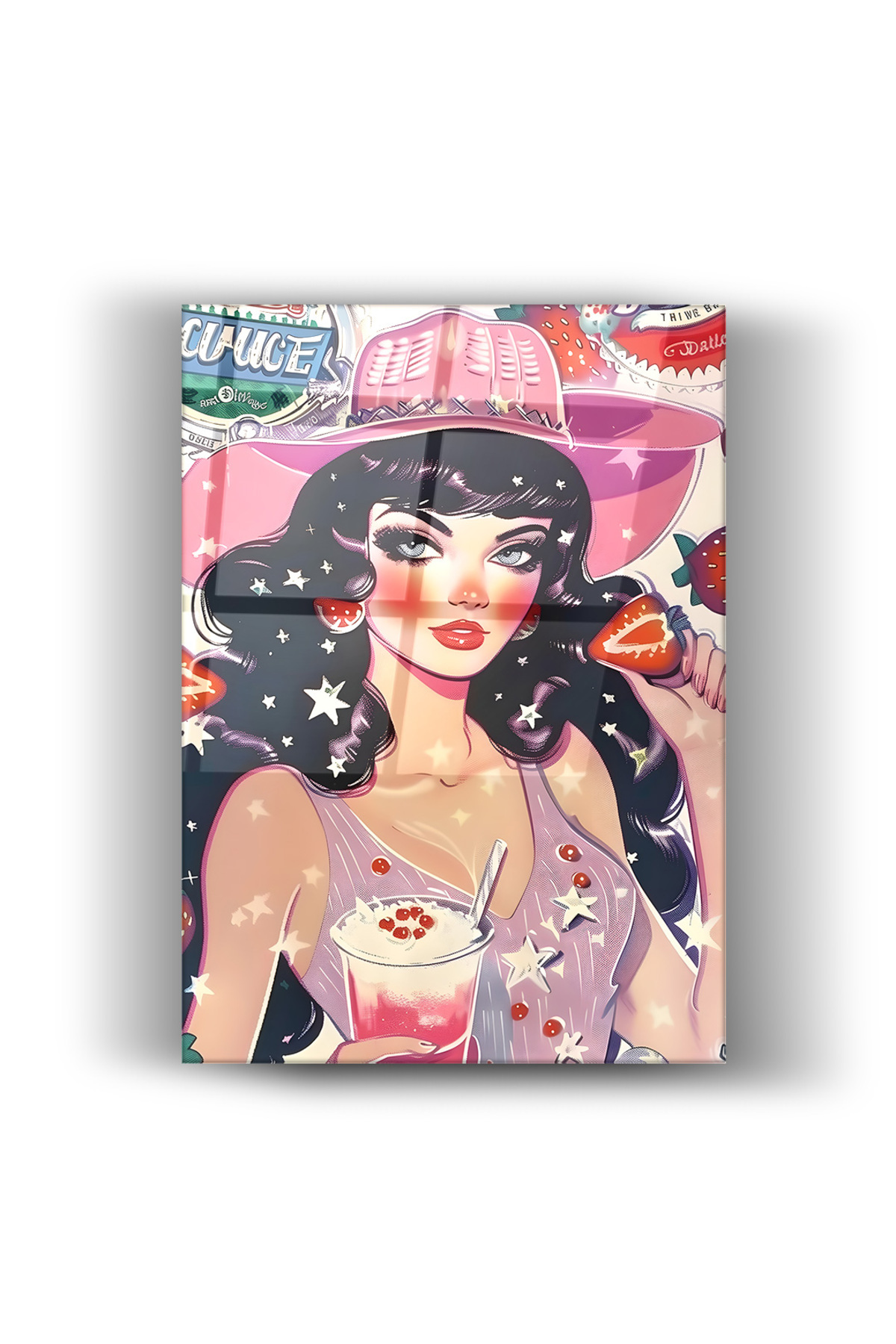 Cam Tablo – Kovboy Şapkalı Kadın İllüstrasyonu, Modern Pop-Art Tasarım-Ev-Ofis Dekorasyon