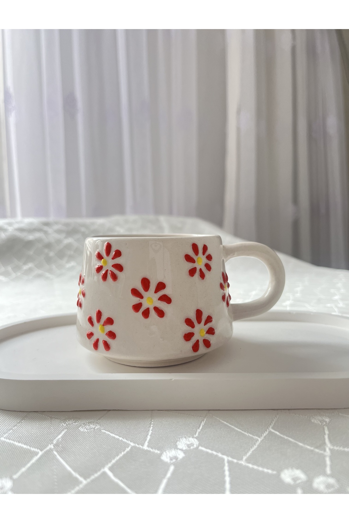 Kırmızı Papatya El Yapımı Kupa Bardak 200 ml