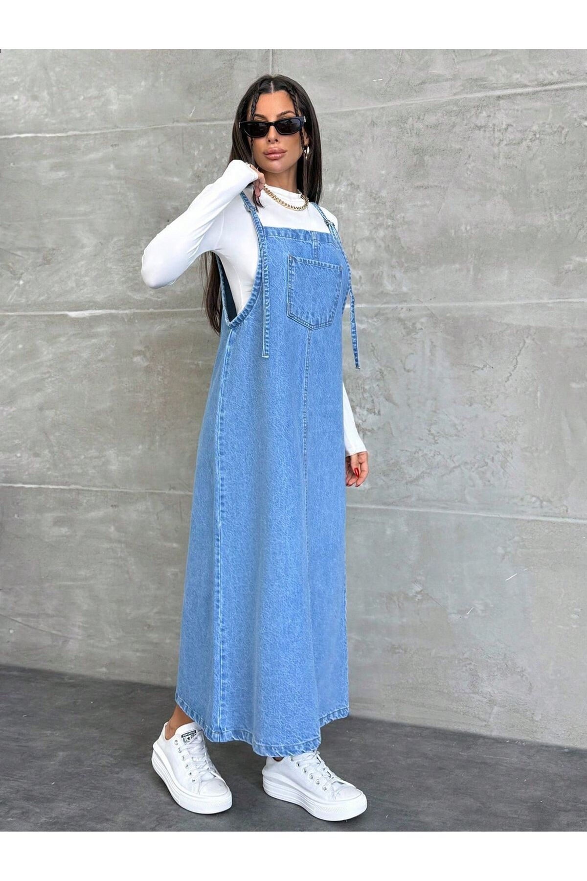 SHEVEGA KADIN UZUN MAVİ BAHÇIVAN ASKILI ELBİSE