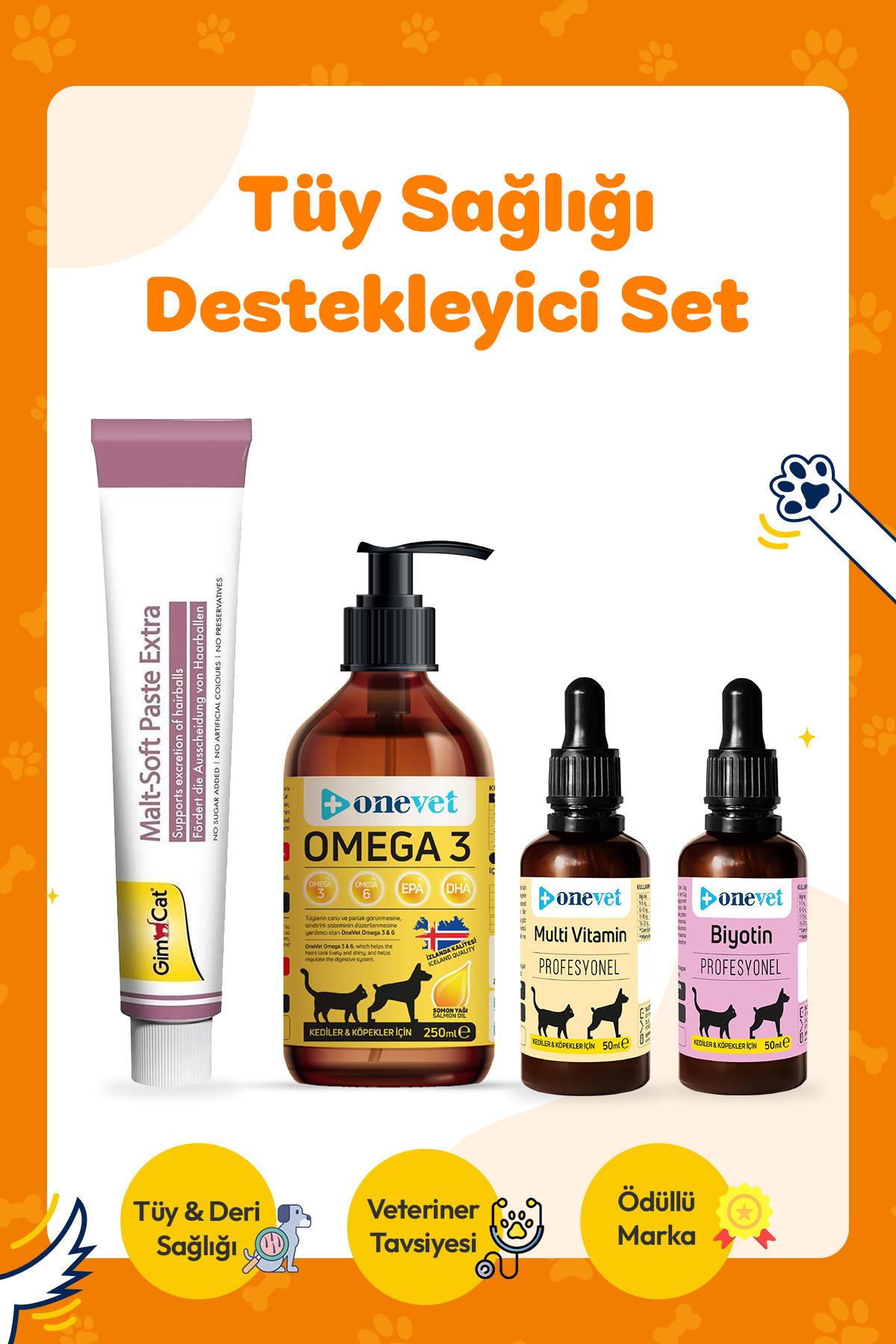 Gimcat Malt Soft Extra 100 Gr + OneVet Multivitamin Paste 100 Gr + Biotin 50 Ml + Omega 3 250 Ml