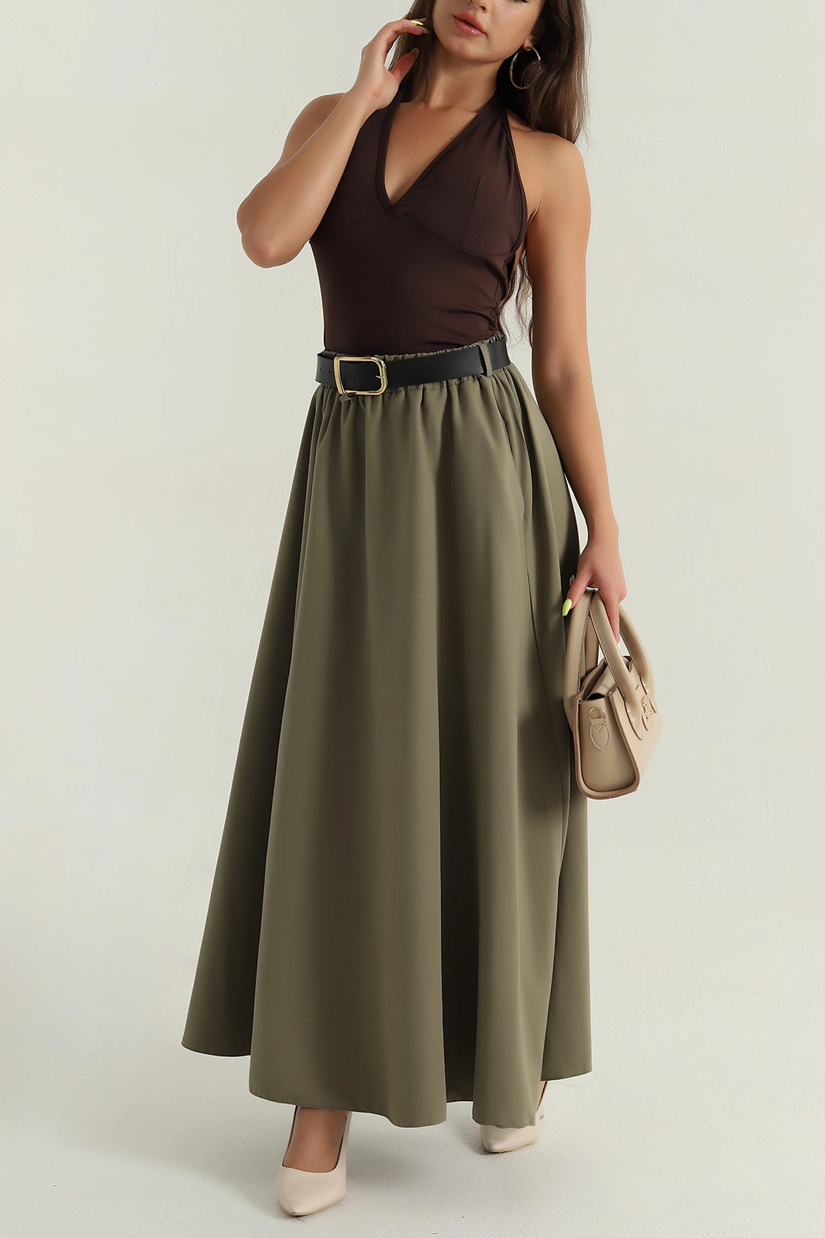 VıoShıne  Kadın Kemerli Beli Lastikli Cepli Liza Kumaş Etek - Görsel 4