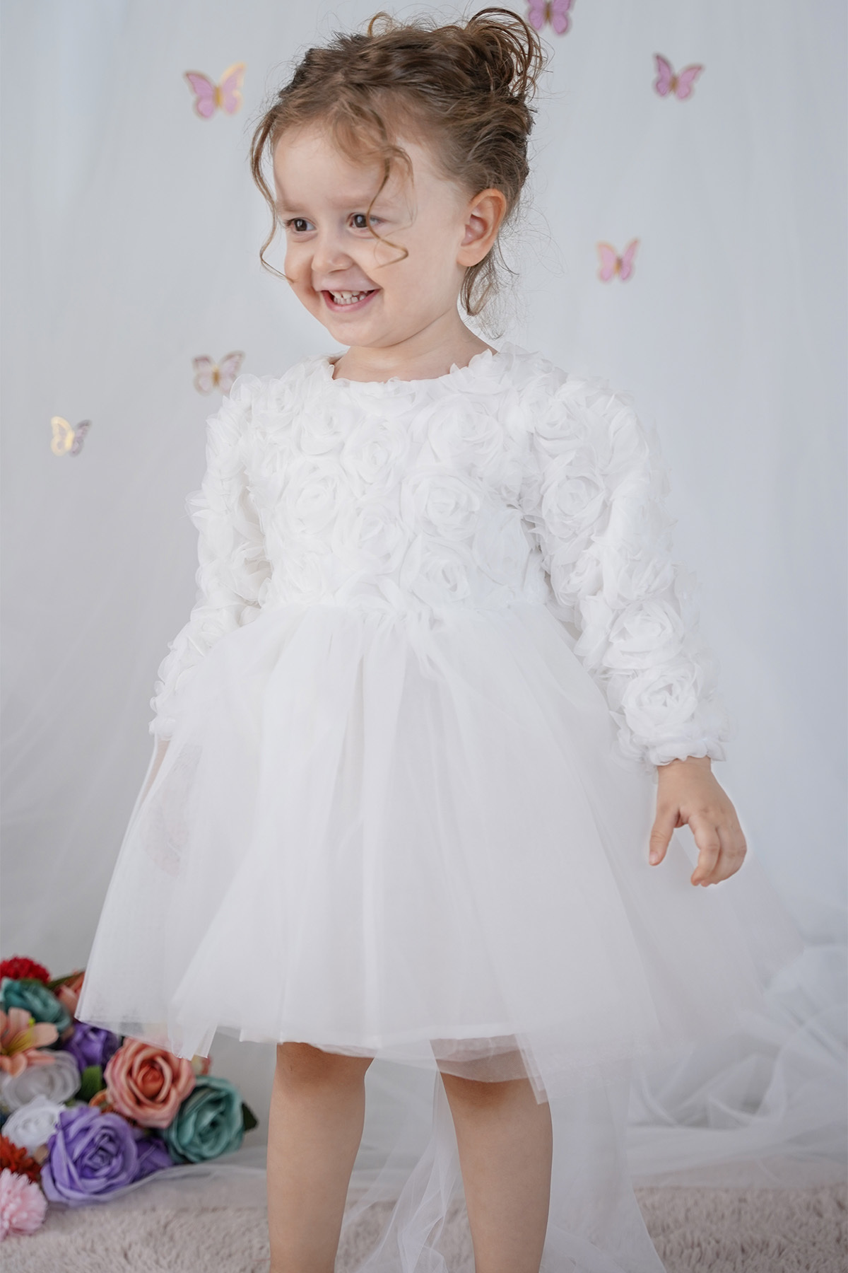 ALYRA Kız Bebek Elbise Uzun Kollu Fiyonklu Güllü Doğum Günü Parti Düğün Özel Gün Abiye Kız Çocuk Elbise fotoğrafı 7 (önizleme)