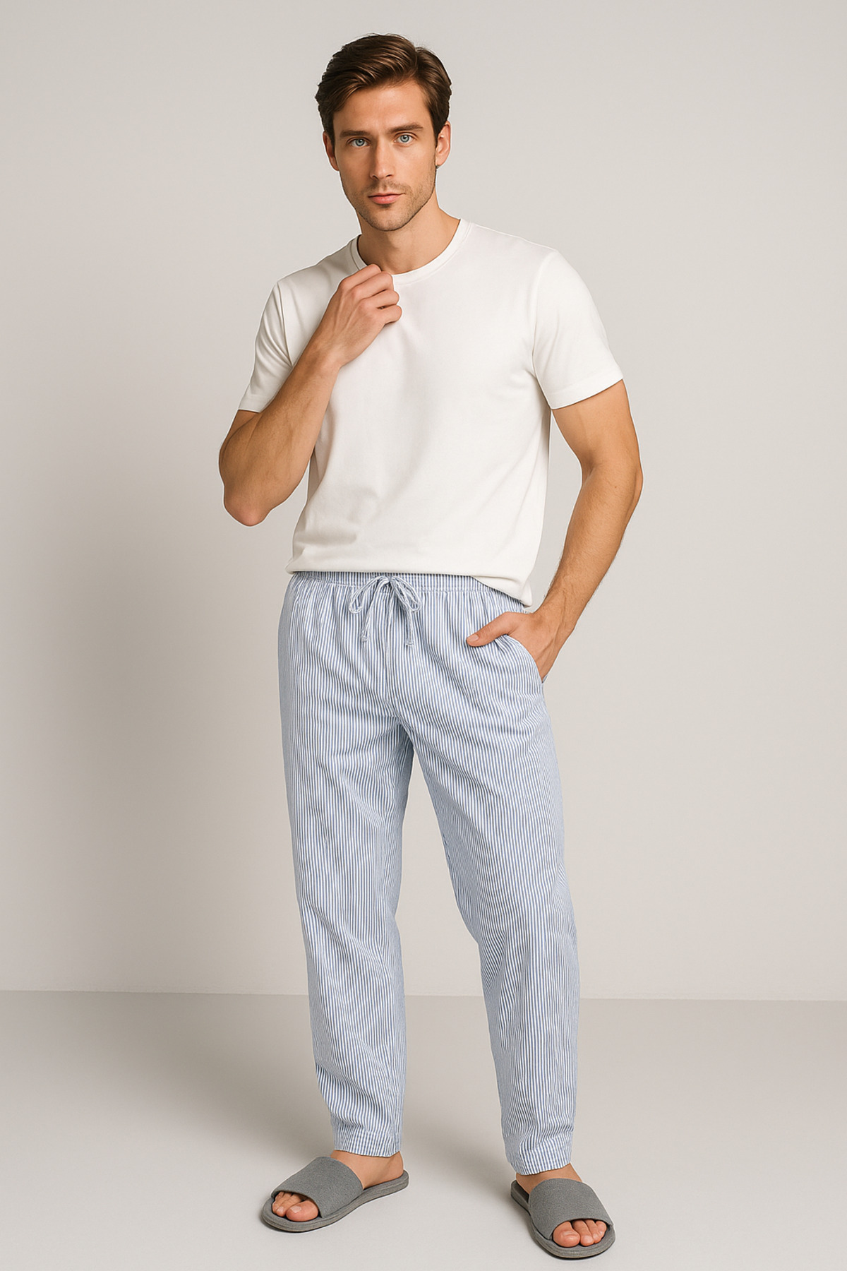 Rich Erkek Mavi Çizgili %100 Pamuk Çantalı Pijama Takımı görsel 6