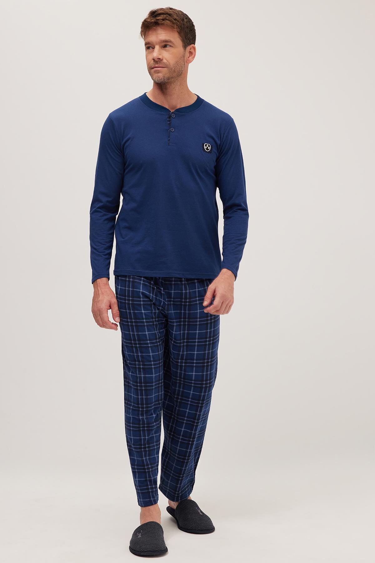 Tudors Erkek Regular Fit Pamuklu Düğmeli Yaka Beli Lastikli Desenli İndigo Pijama Takımı