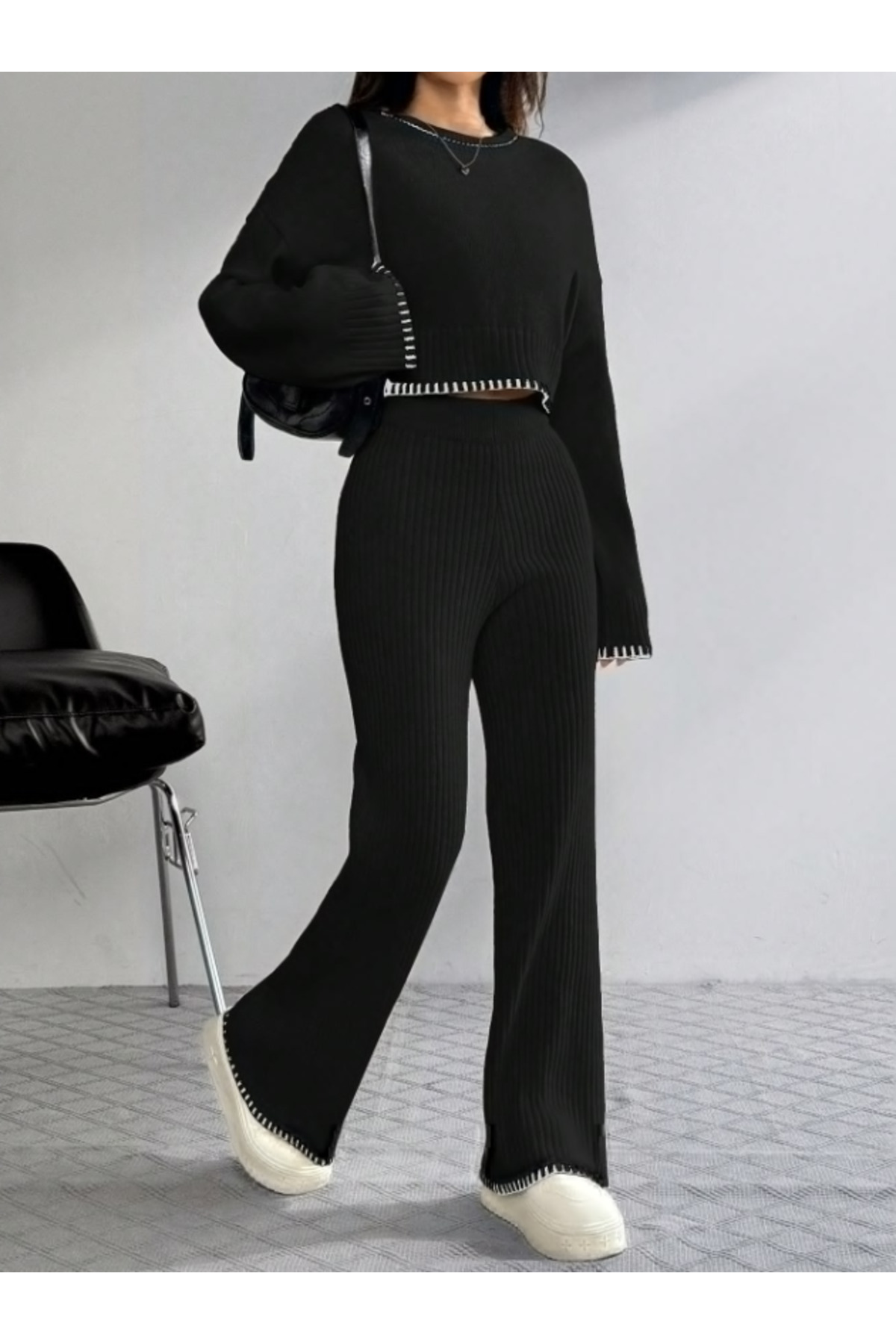 Cream Front Embroidery Detail Knit Trousers Set - Görsel 5