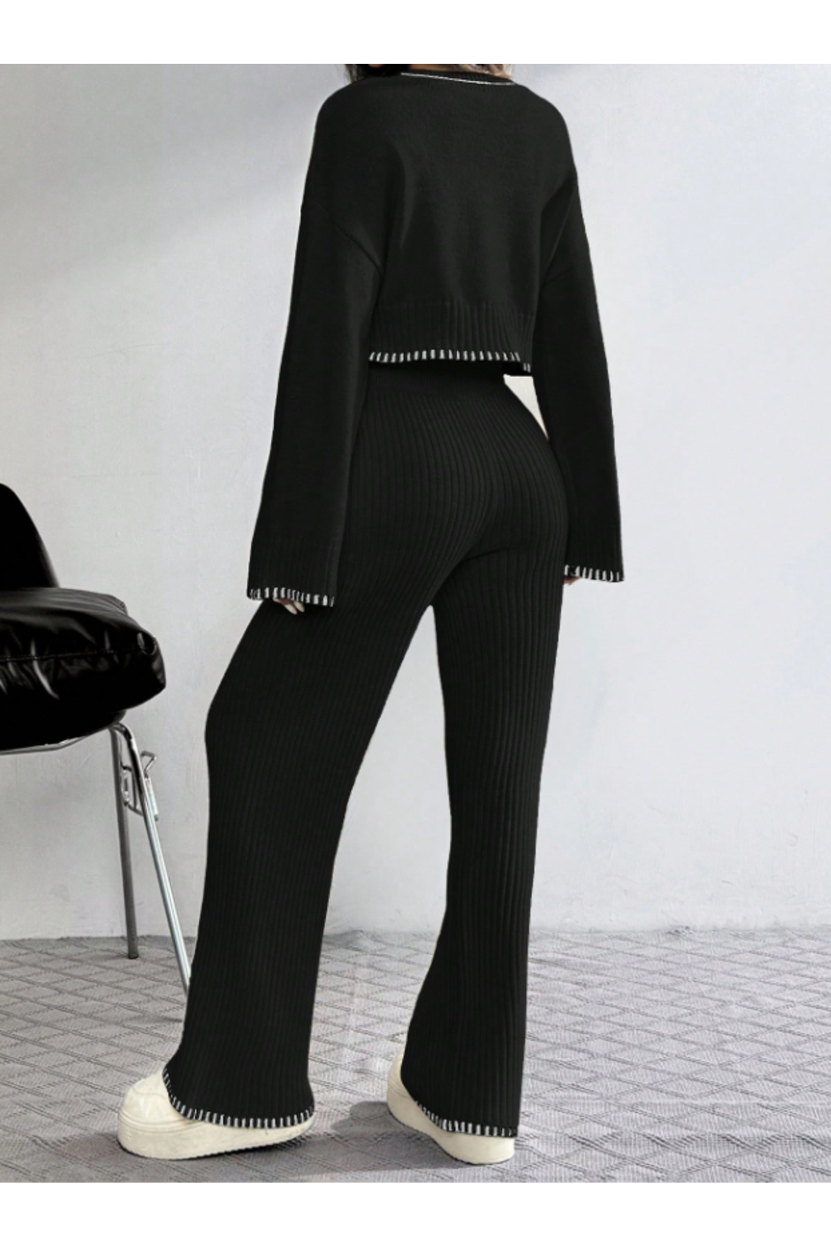 Cream Front Embroidery Detail Knit Trousers Set - Görsel 6