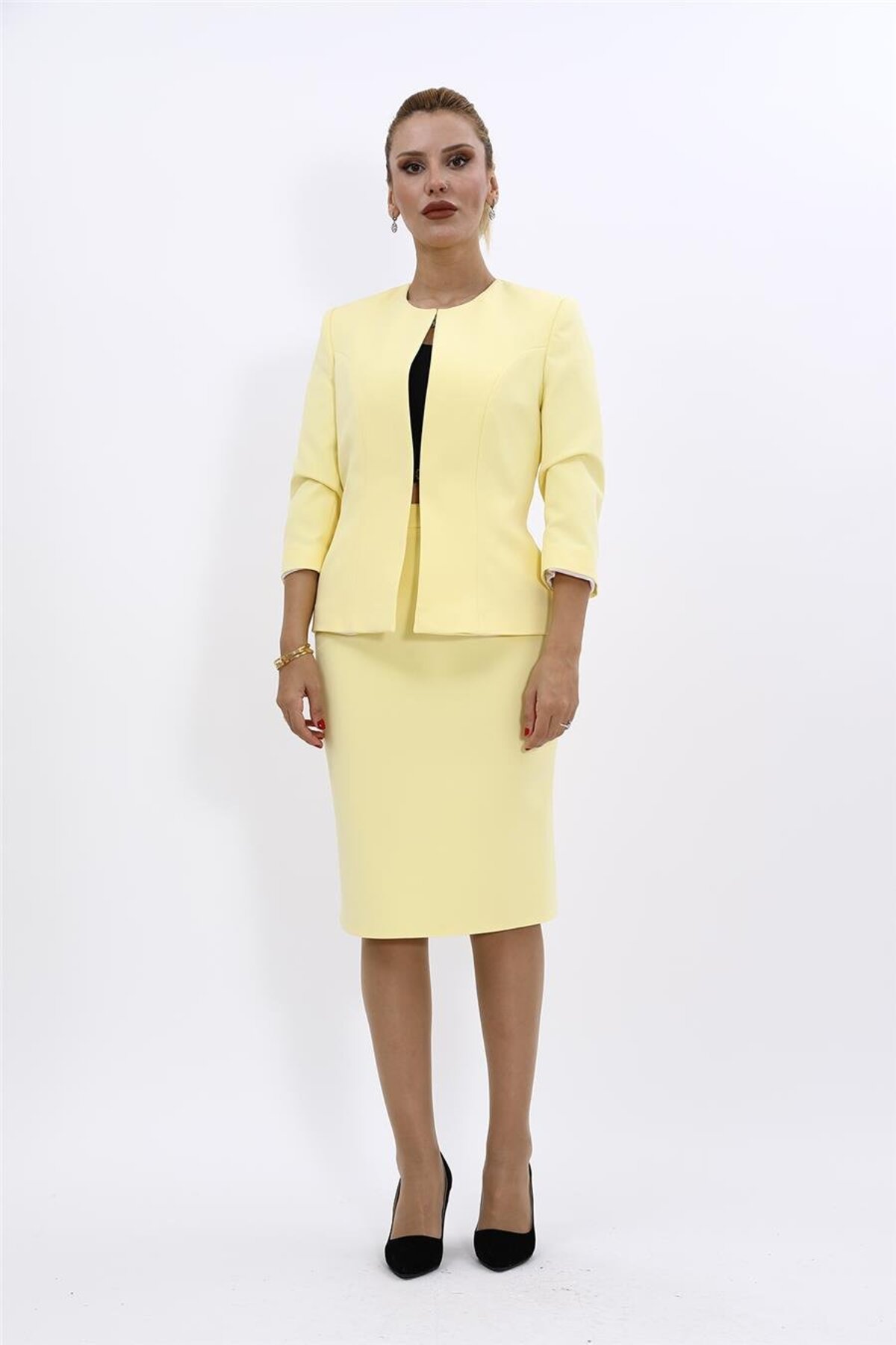 Plus Size - Oval Neck Short Jacket & Pencil Skirt Set-Yellow