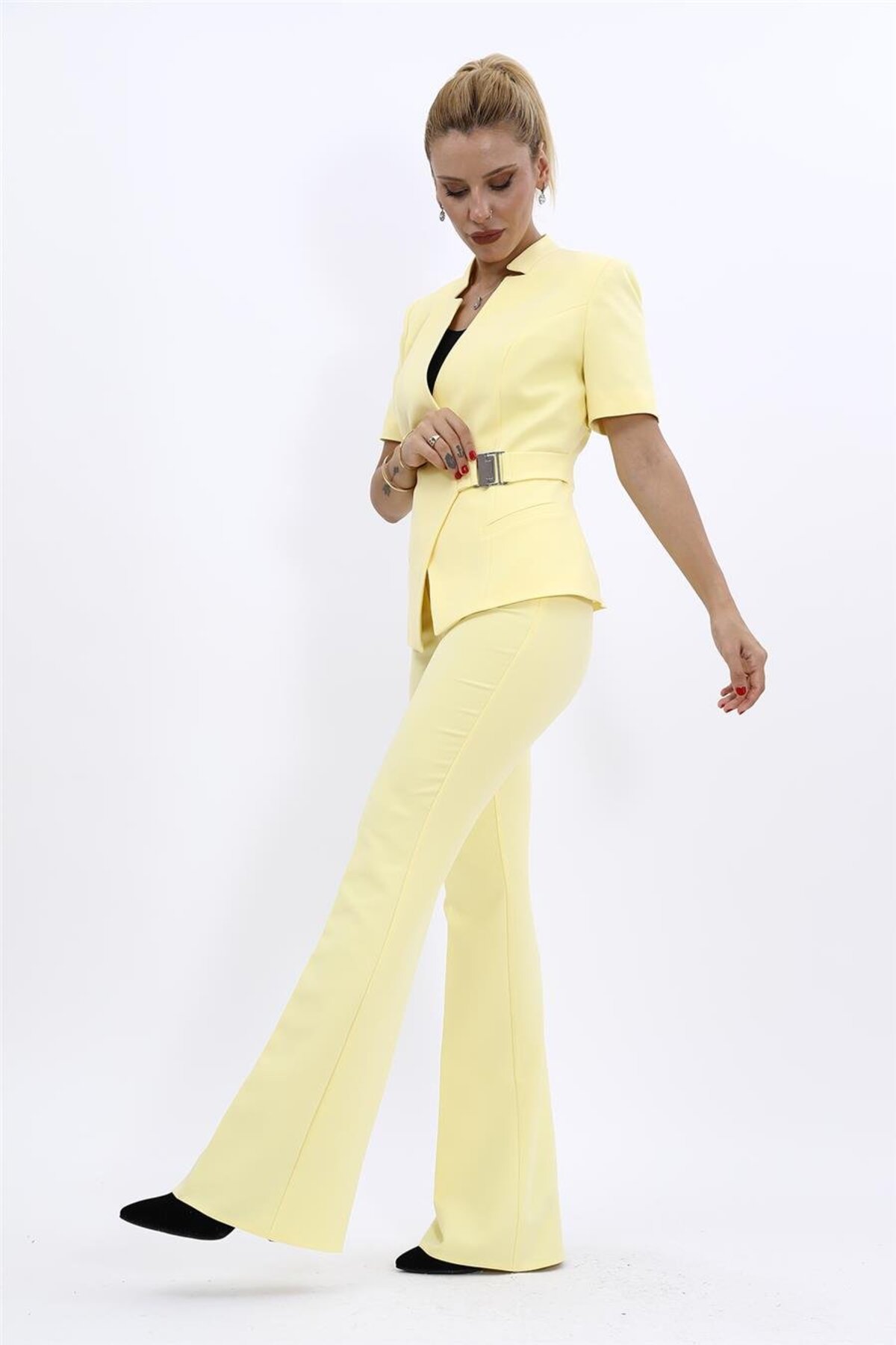 Judge Collar Side Buckle Cross Jacket & Spanish Leg Trousers-Yellow